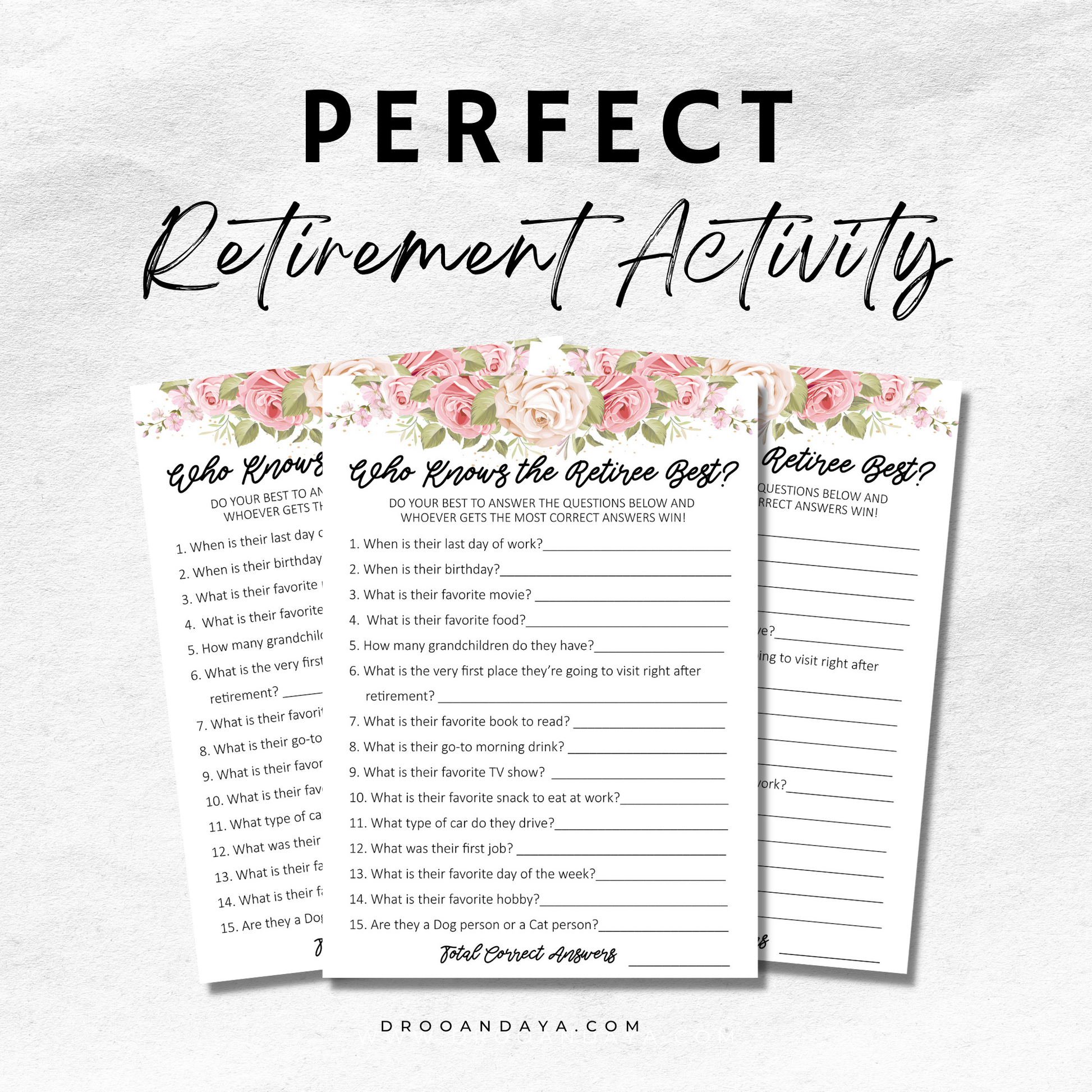 Who Knows the Retiree Best Game Printable - Floral - Droo & Aya