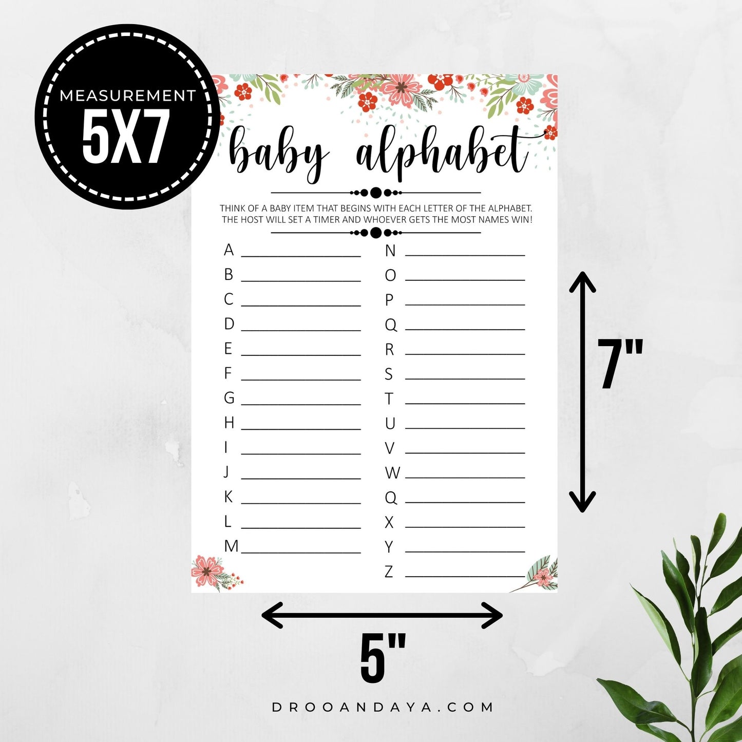 Baby Alphabet Game A to Z Baby Shower Game Printable - Floral - Droo & Aya