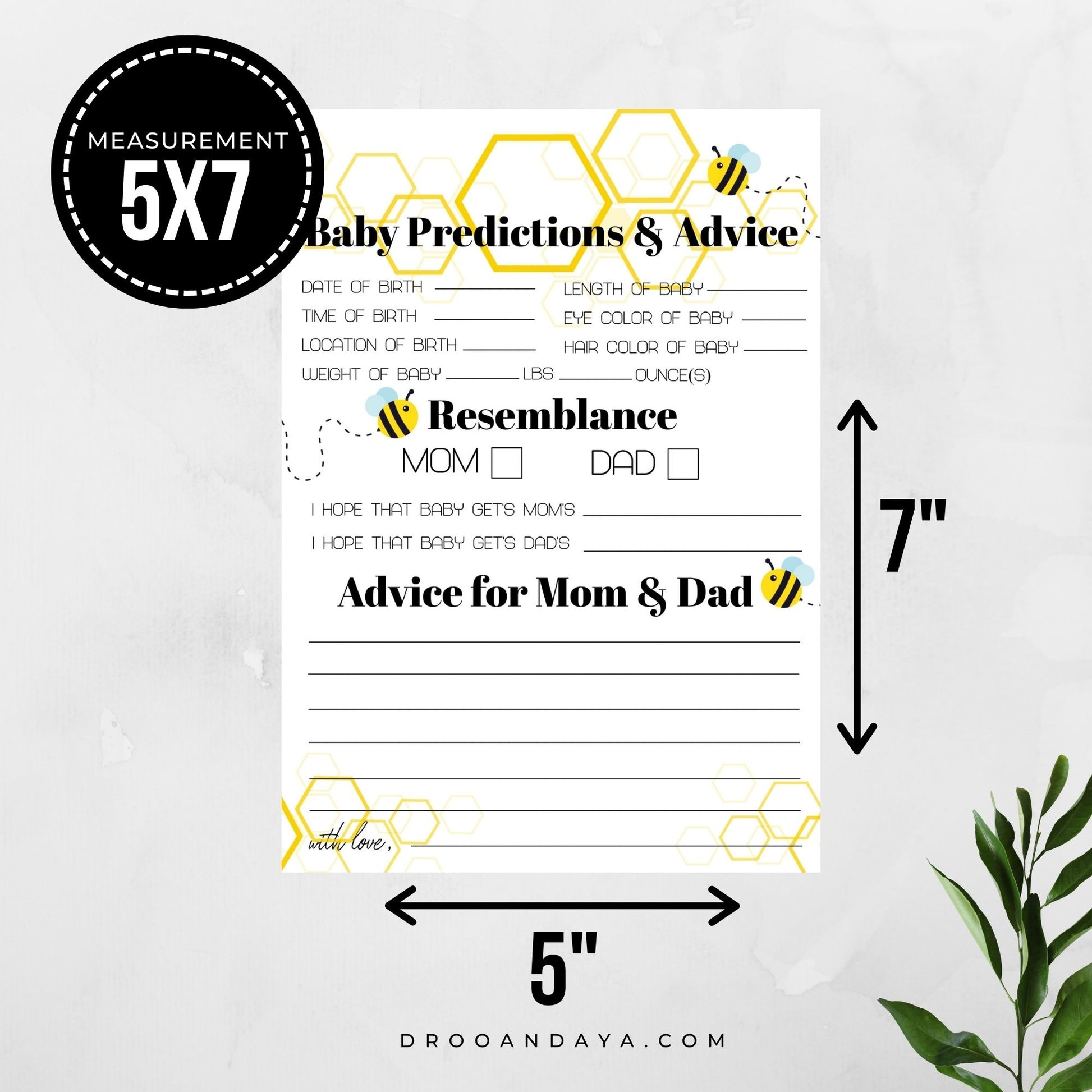 Baby Predictions and Advice Printable - Bee Theme - Droo & Aya