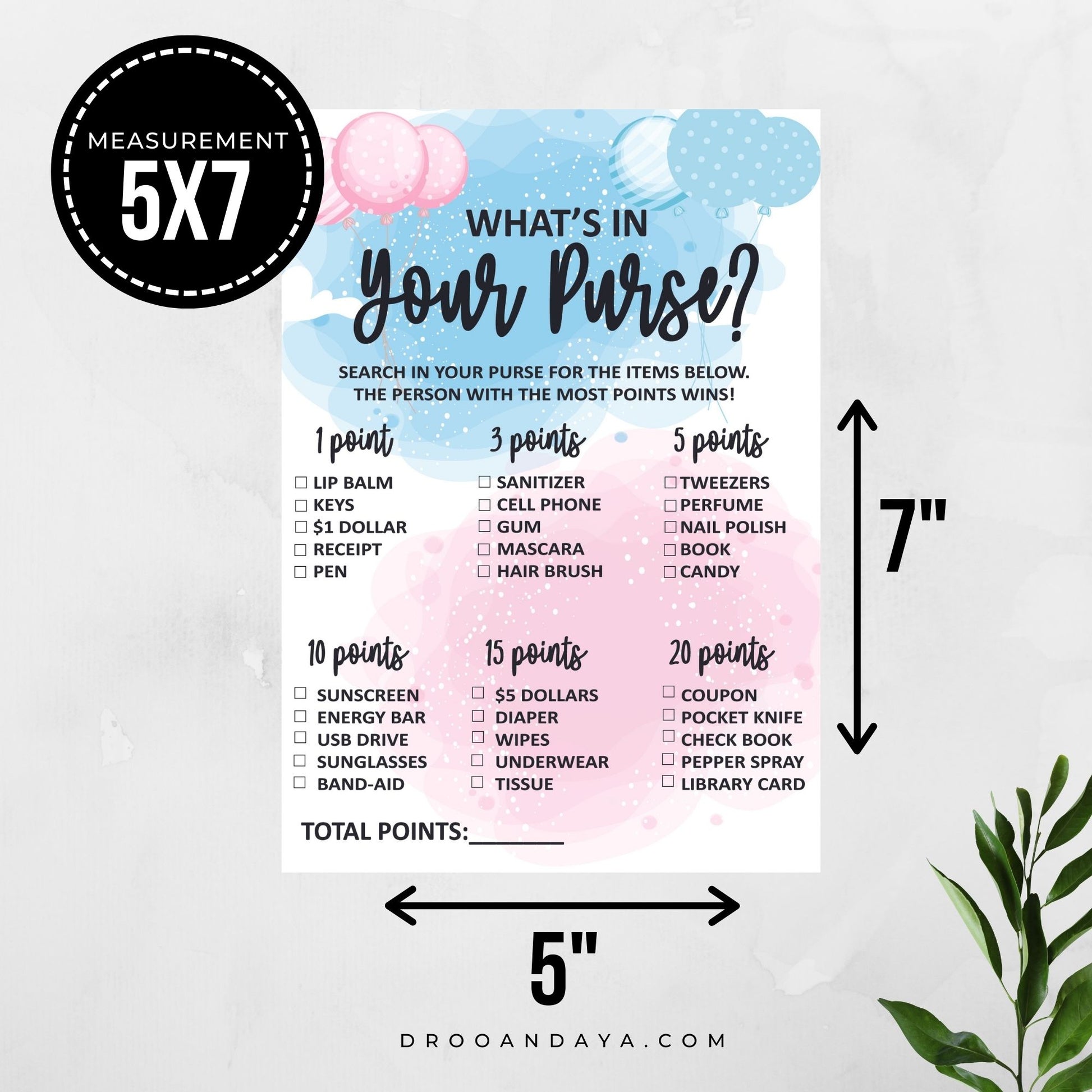 What's In Your Purse Baby Shower Game Printable - Gender Reveal Pink and Blue Theme - Droo & Aya