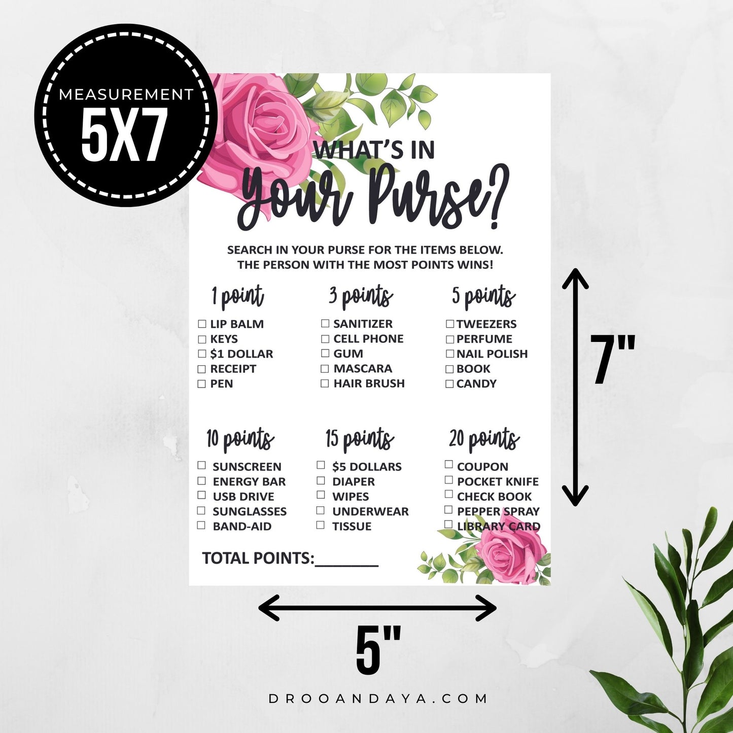 What's In Your Purse Baby Shower Game Printable - Floral Theme - Droo & Aya