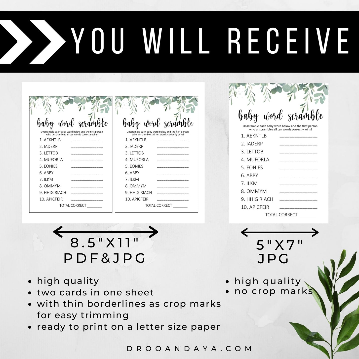 Baby Word Scramble Printable Baby Shower Game Succulent Theme - Droo & Aya