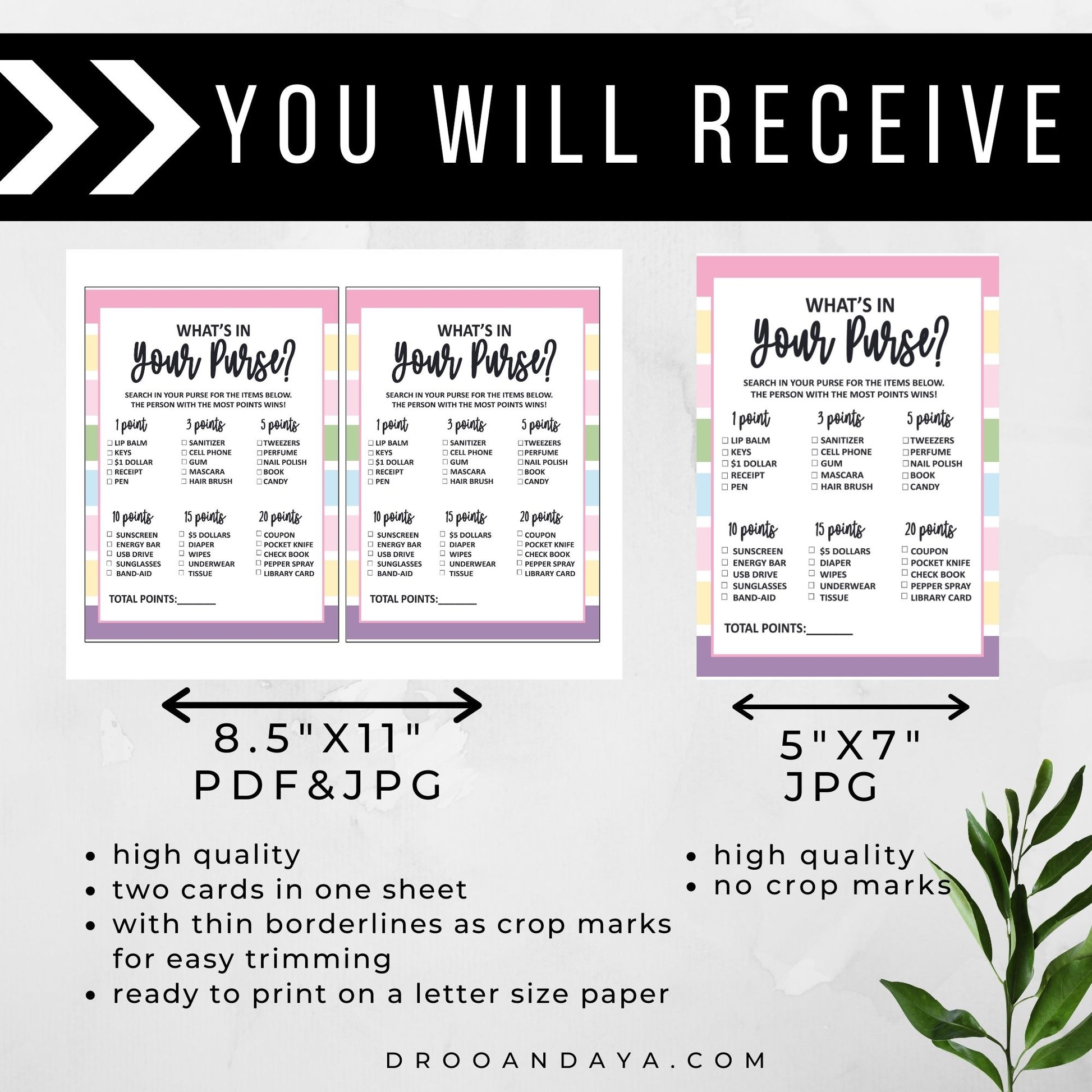 What's In Your Purse Baby Shower Game Printable - Pastel Color Theme - Droo & Aya