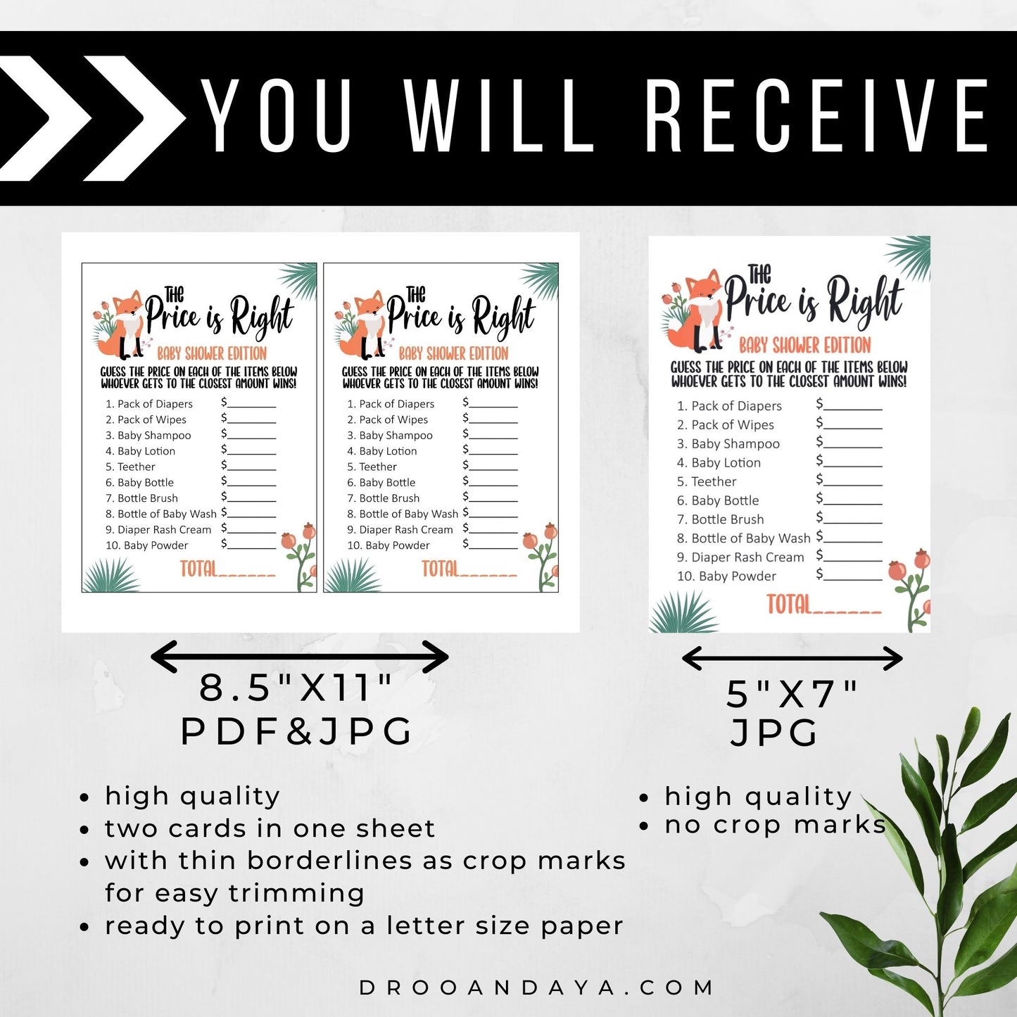 The Price is Right Baby Shower Game Printable - Woodland Animals - Droo & Aya