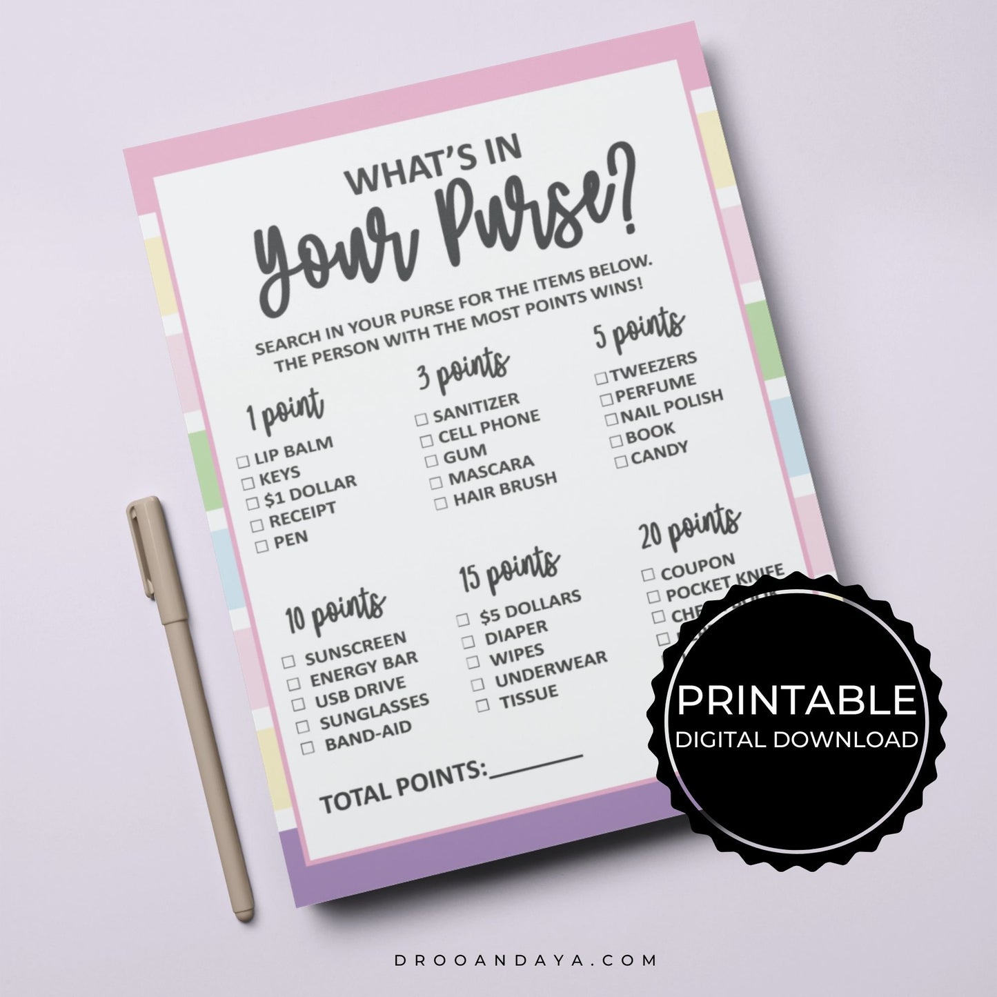 What's In Your Purse Baby Shower Game Printable - Pastel Color Theme - Droo & Aya