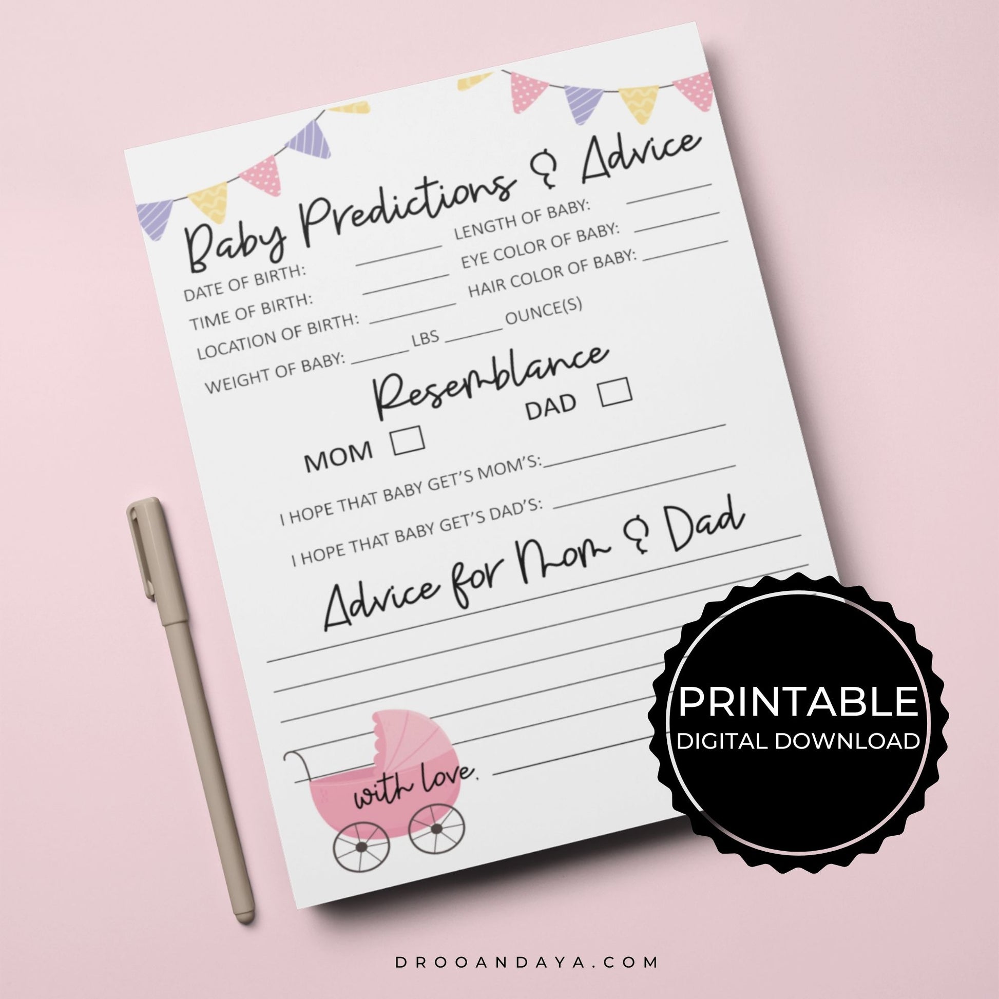Baby Predictions and Advice Printable - Pink - Droo & Aya