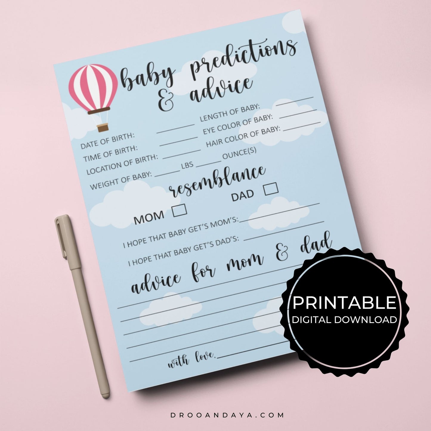 Baby Predictions and Advice Printable - Hot Air Balloon - Droo & Aya