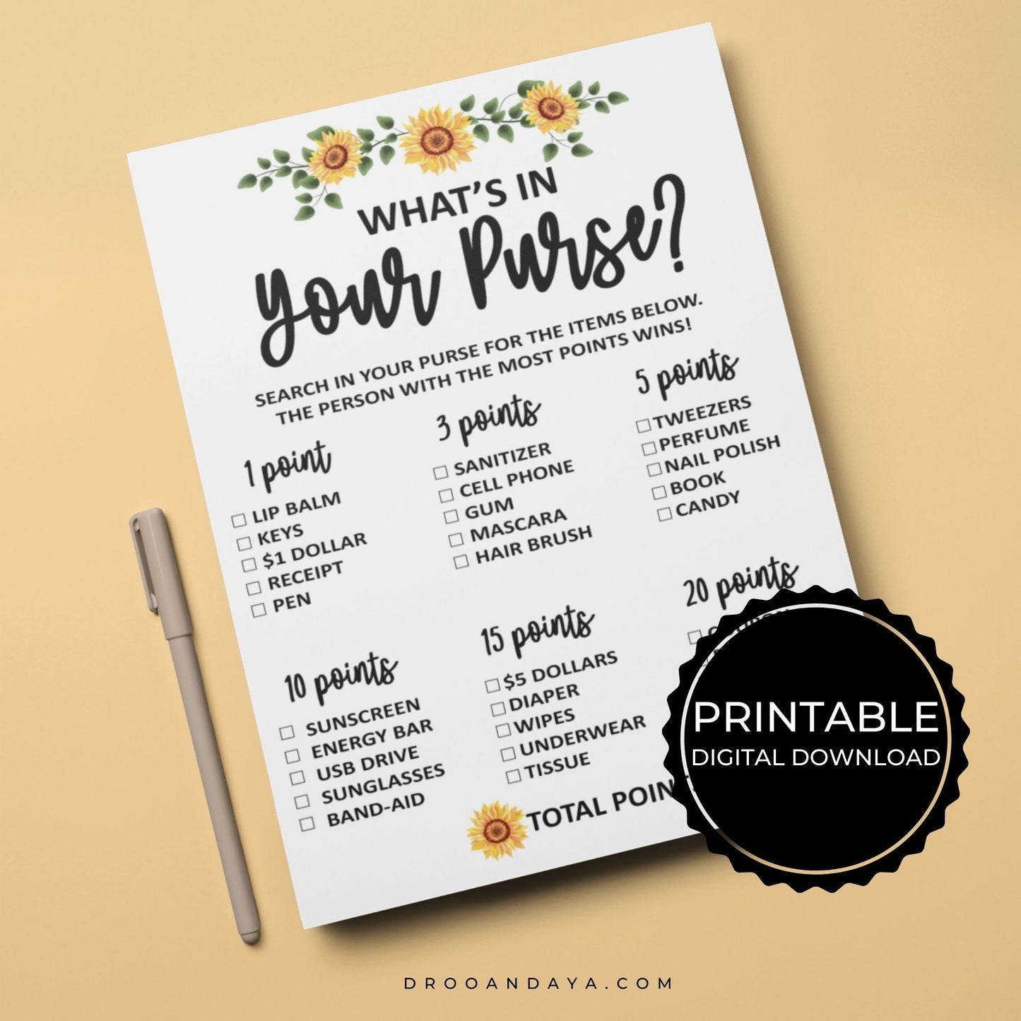 What's In Your Purse Baby Shower Game Printable - Sunflower Theme - Droo & Aya