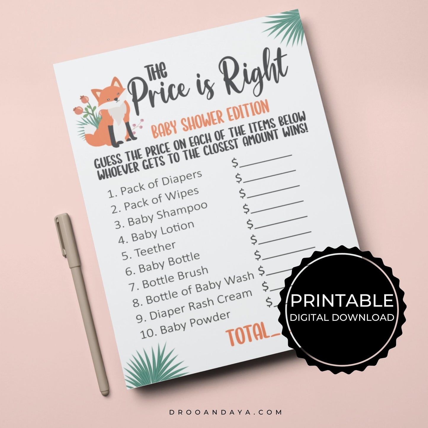 The Price is Right Baby Shower Game Printable - Woodland Animals - Droo & Aya