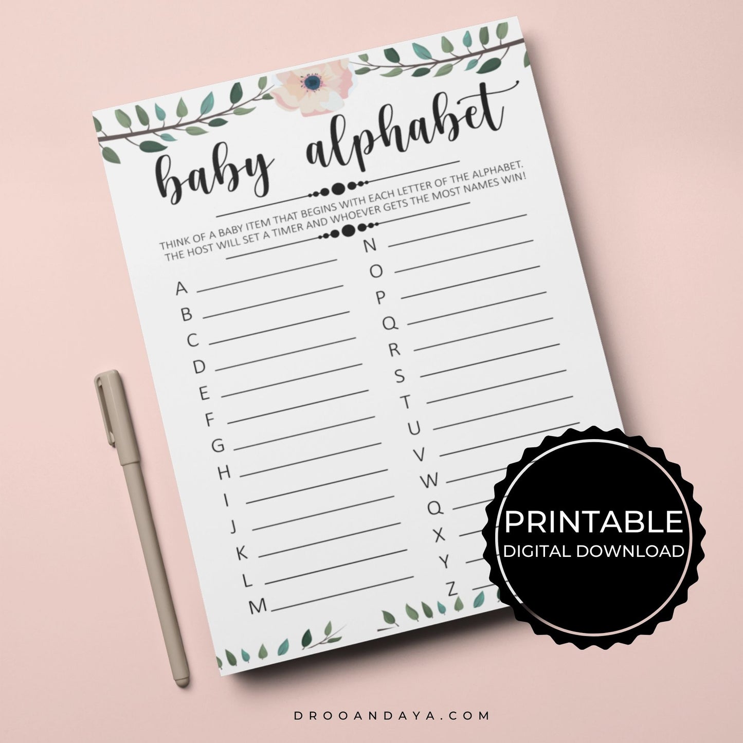 Baby ABC Game Baby Shower Printable - Floral - Droo & Aya