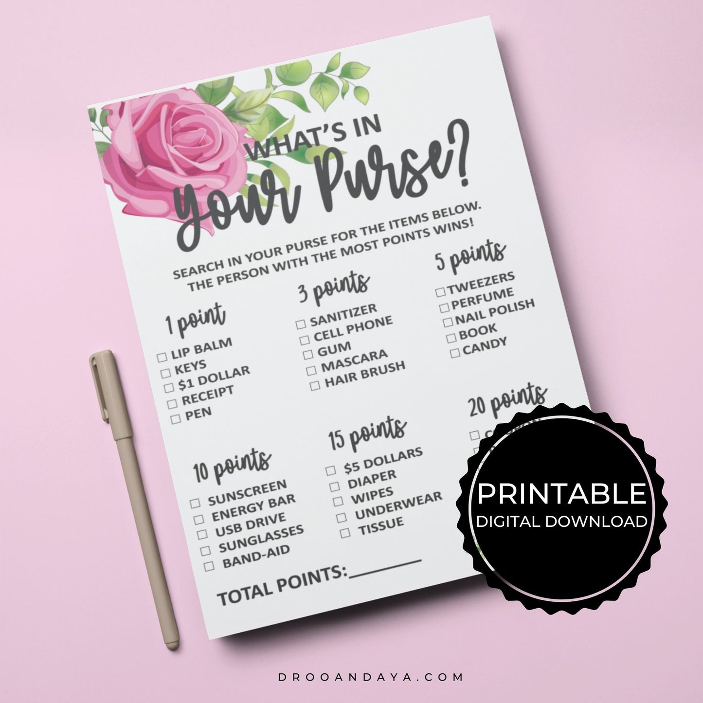 What's In Your Purse Baby Shower Game Printable - Floral Theme - Droo & Aya