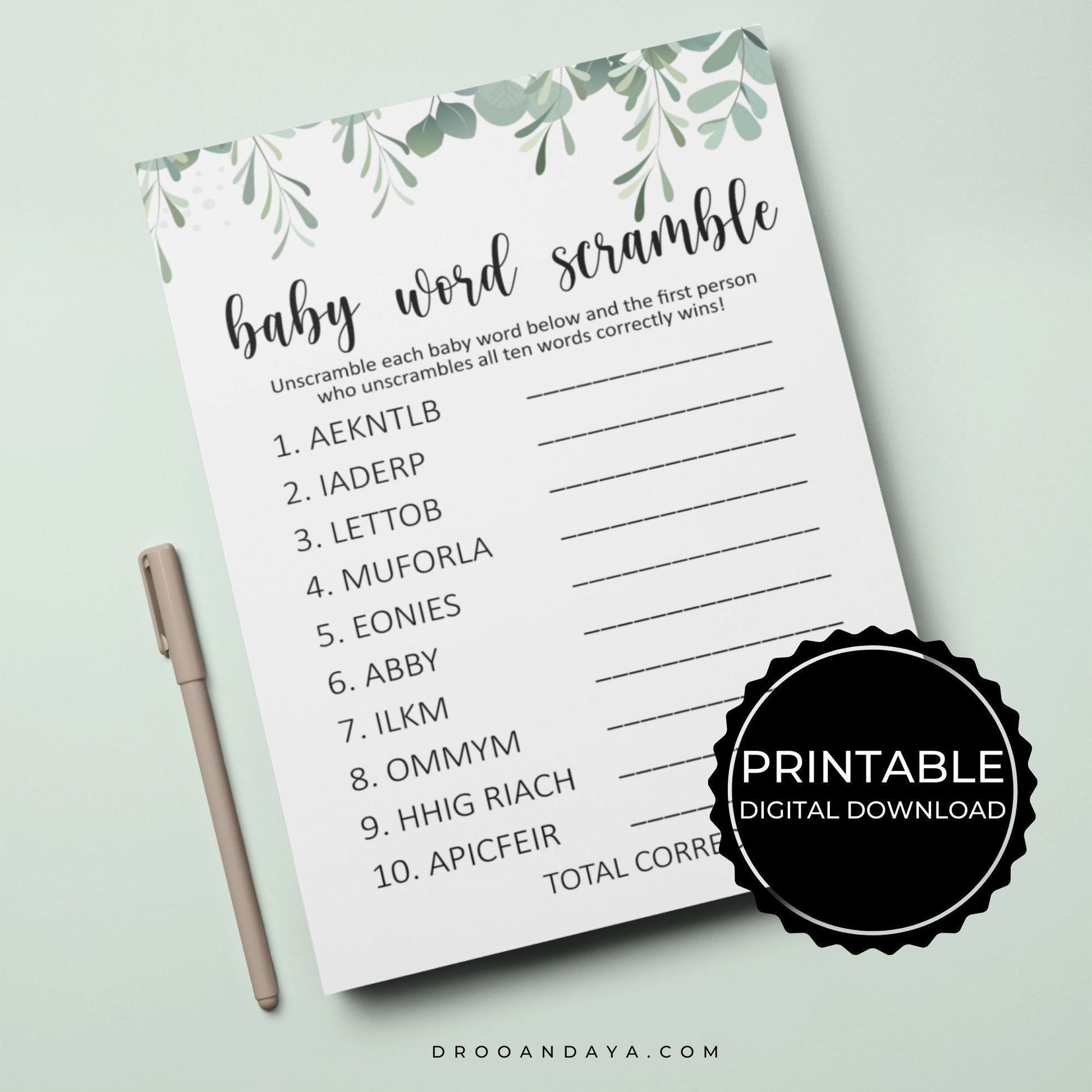 Baby Word Scramble Printable Baby Shower Game Succulent Theme - Droo & Aya
