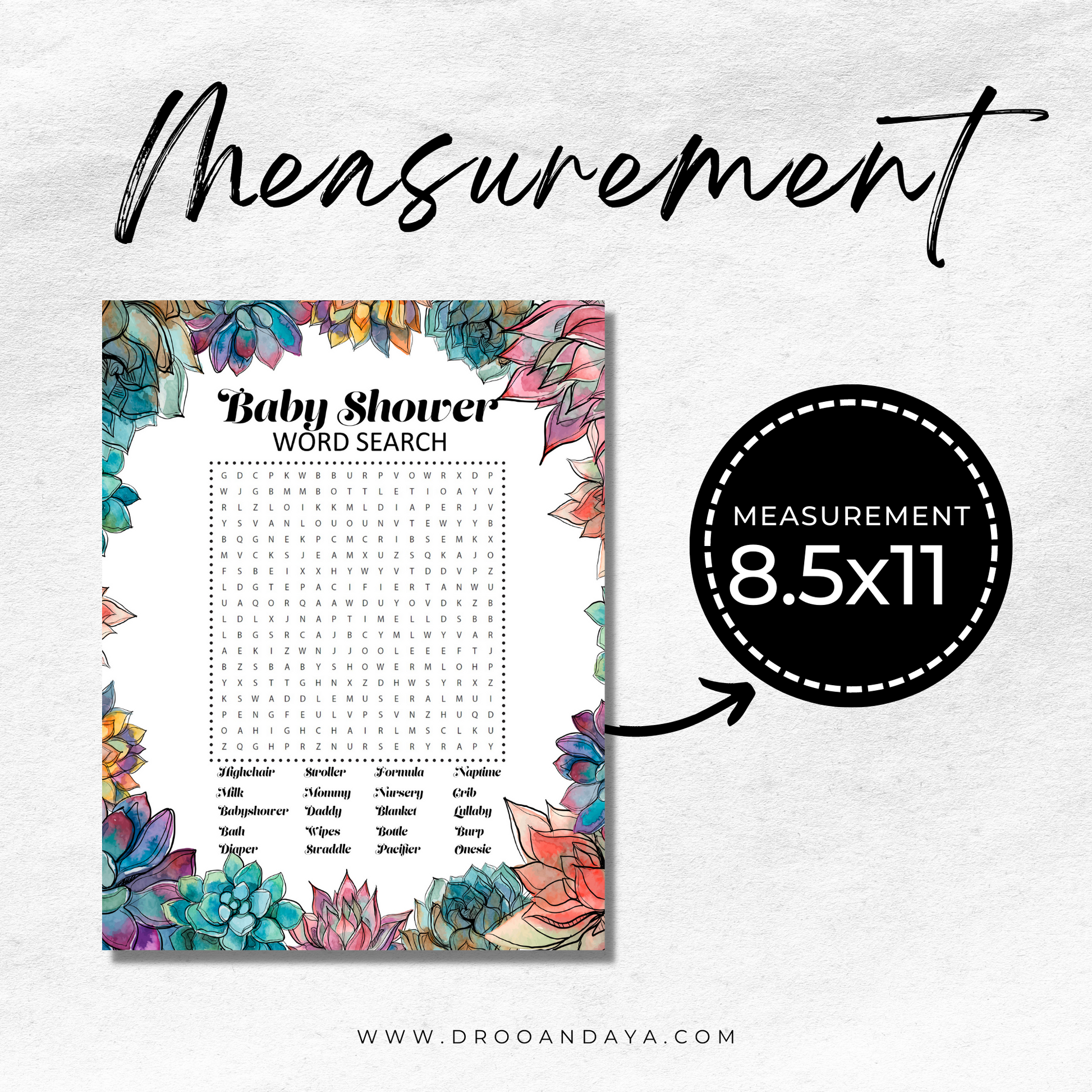 Succulent Theme Baby Shower Printable Word Search Game Activity - Droo & Aya