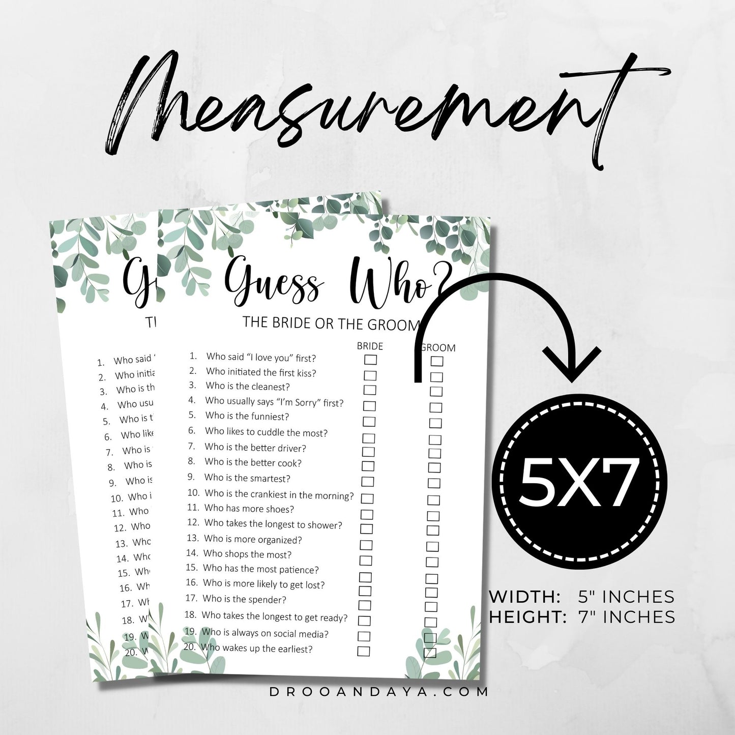 Eucalyptus Wedding Theme Bride or Groom Guess Who Printable Wedding Game - Droo & Aya