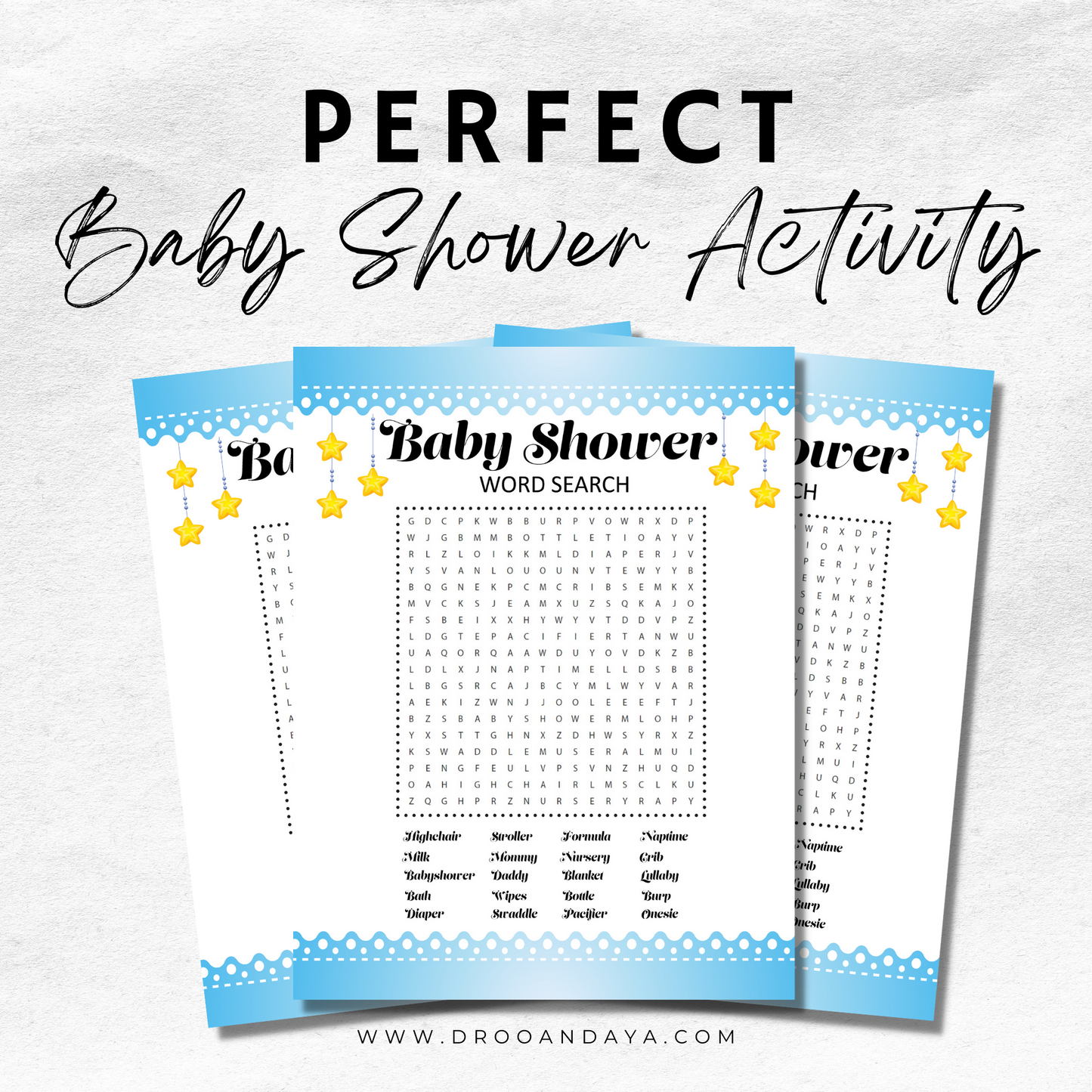 Word Search Game for Baby Shower Printable - Blue - Droo & Aya