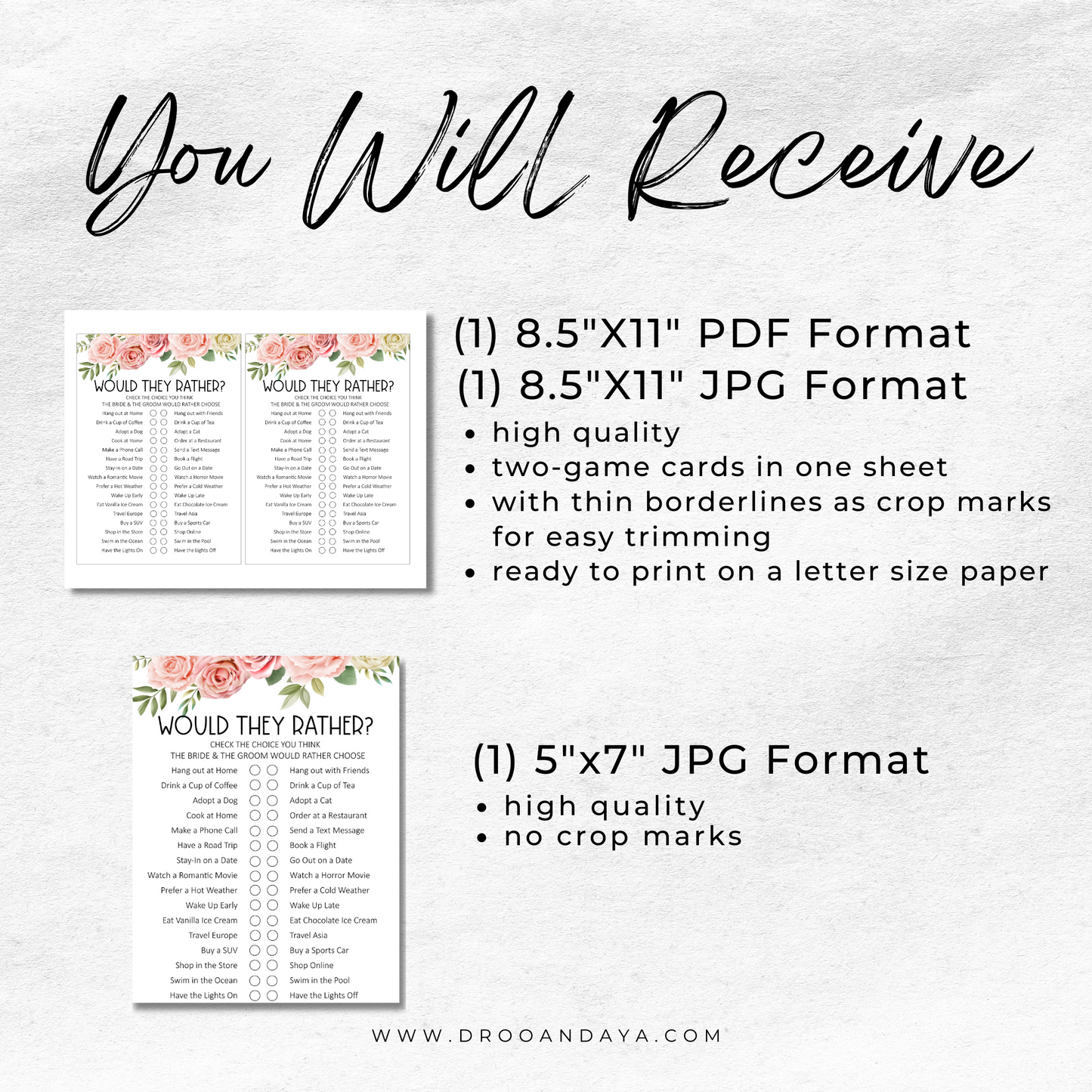 Wedding Games for Reception Would They Rather Printable - Floral