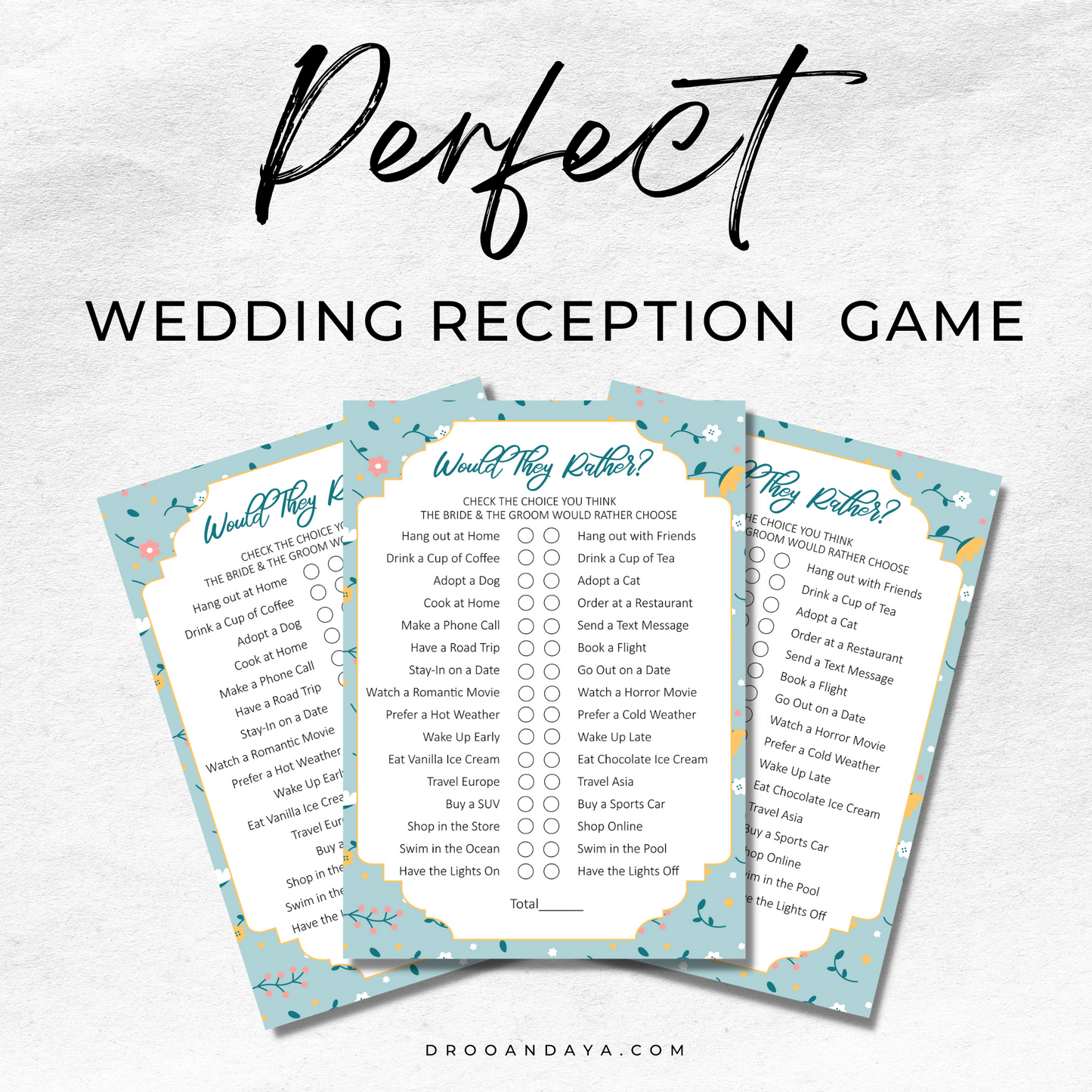 Would They Rather Printable Fun Wedding Game - Floral - Droo & Aya