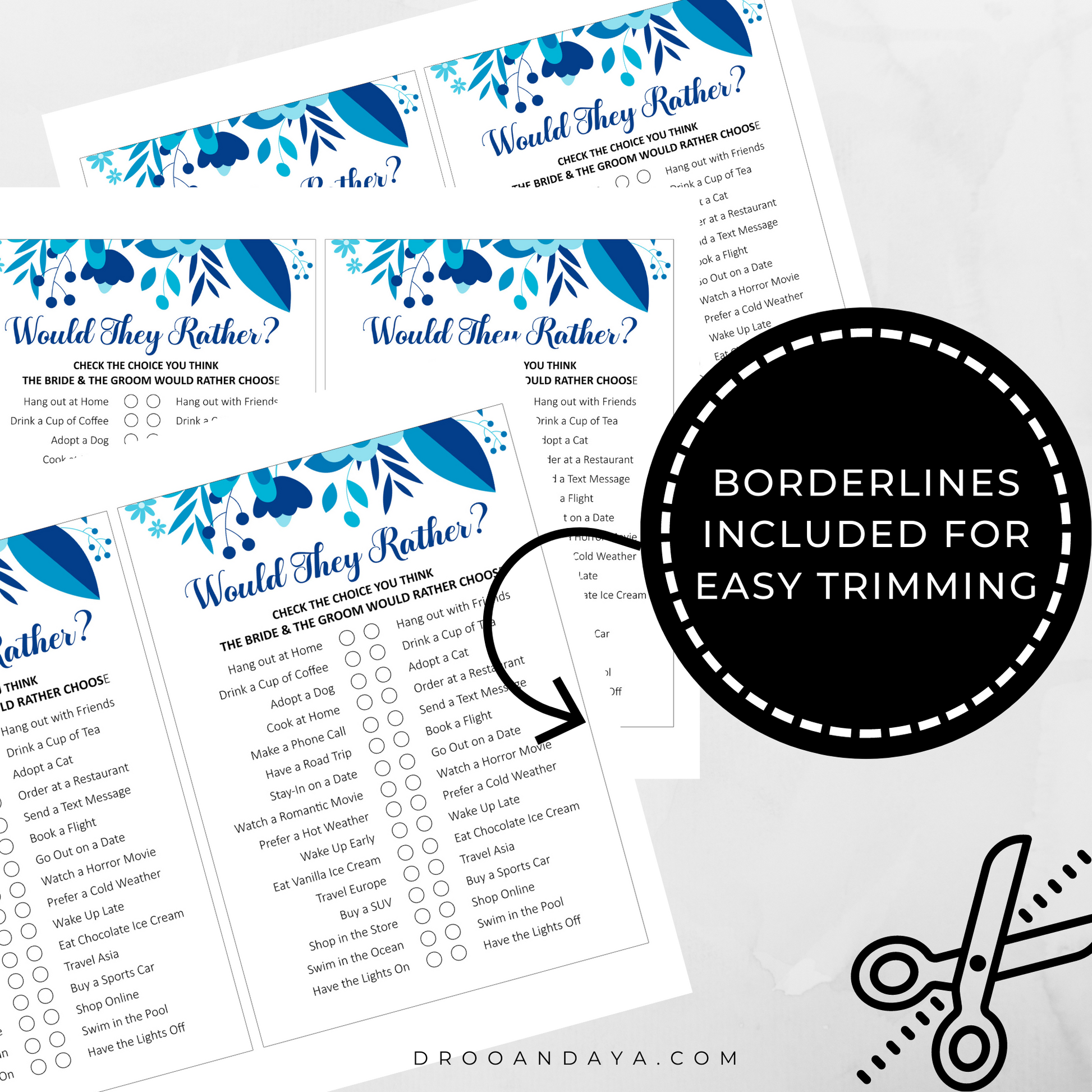 Would They Rather Wedding Game Printable - Blue Floral - Droo & Aya