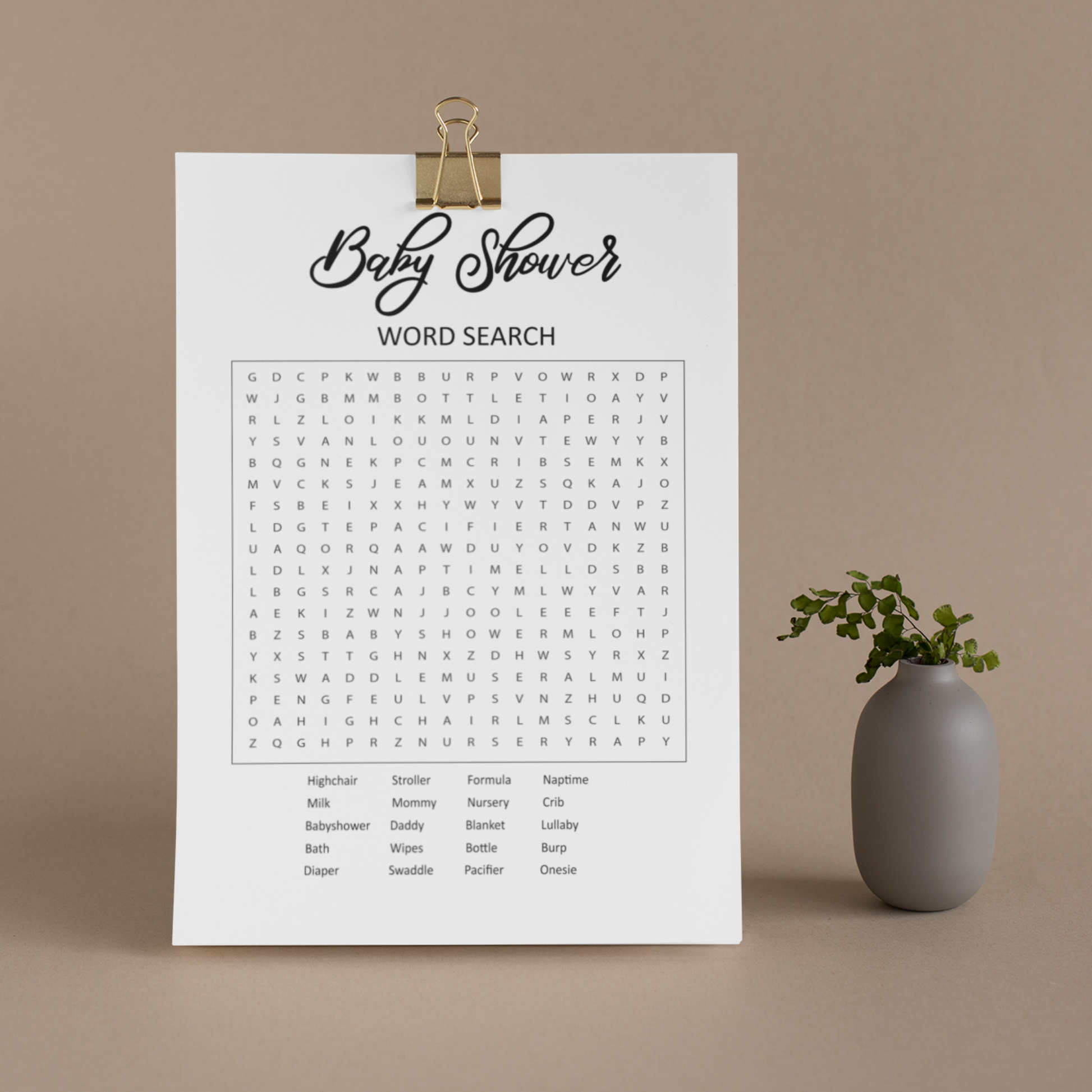 Word Search Game for Baby Shower Printable - Minimalist - Droo & Aya
