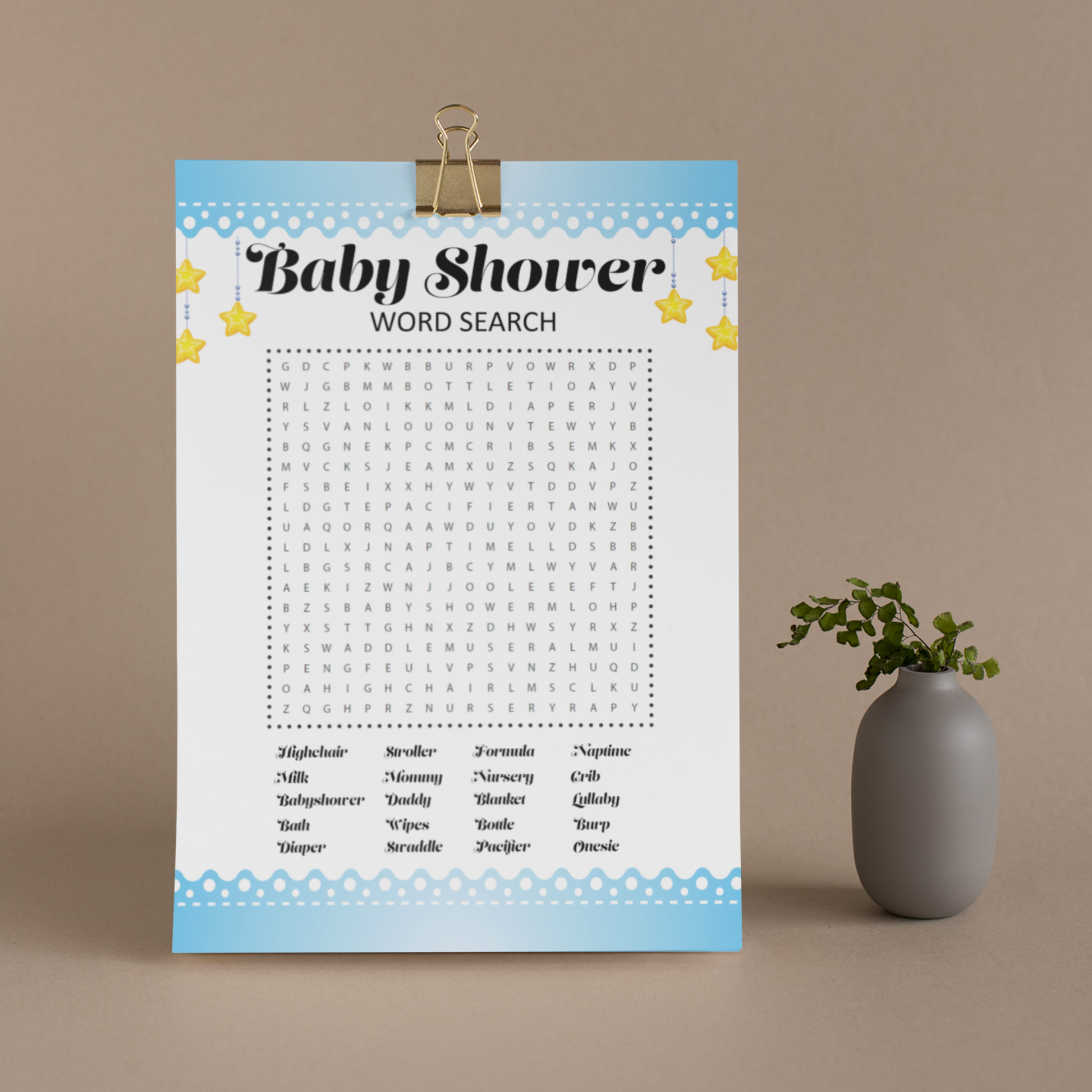 Word Search Game for Baby Shower Printable - Blue - Droo & Aya