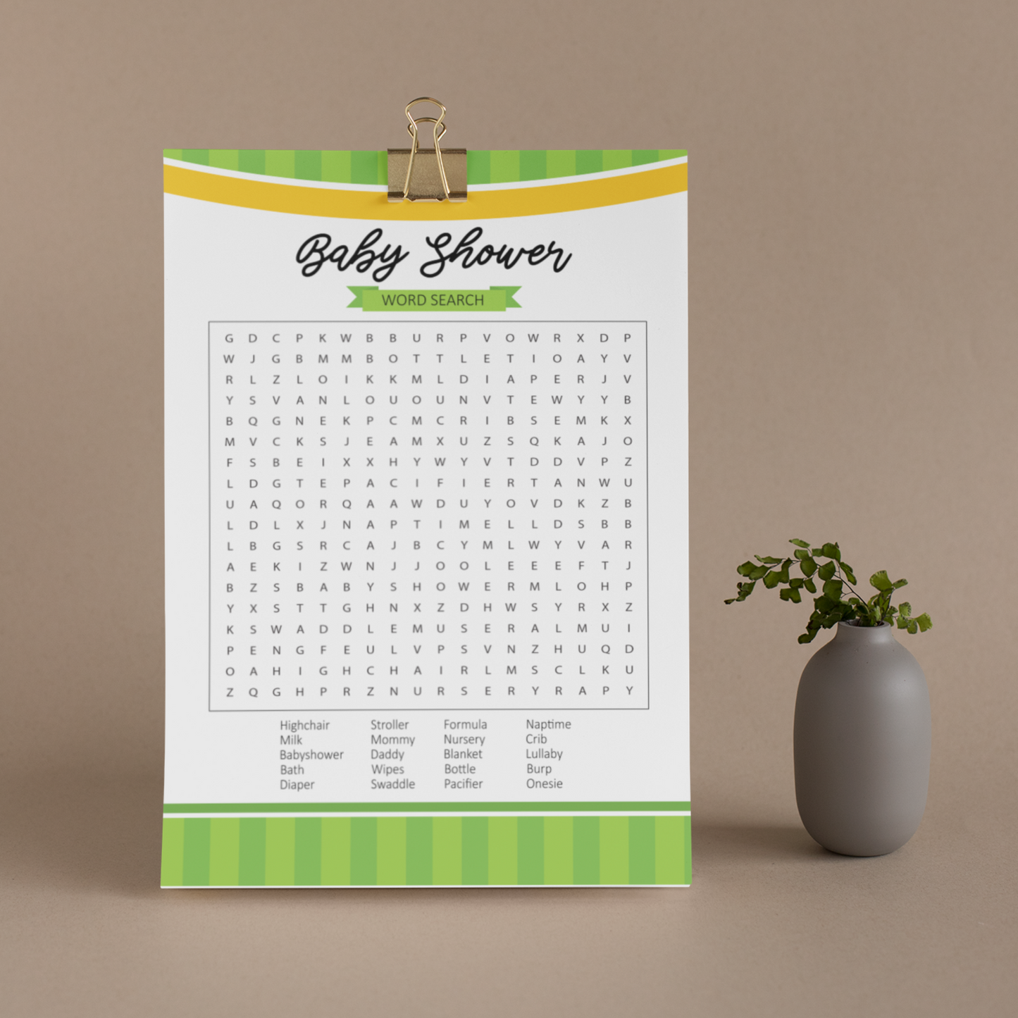 Word Search Game for Baby Shower Printable - Green - Droo & Aya