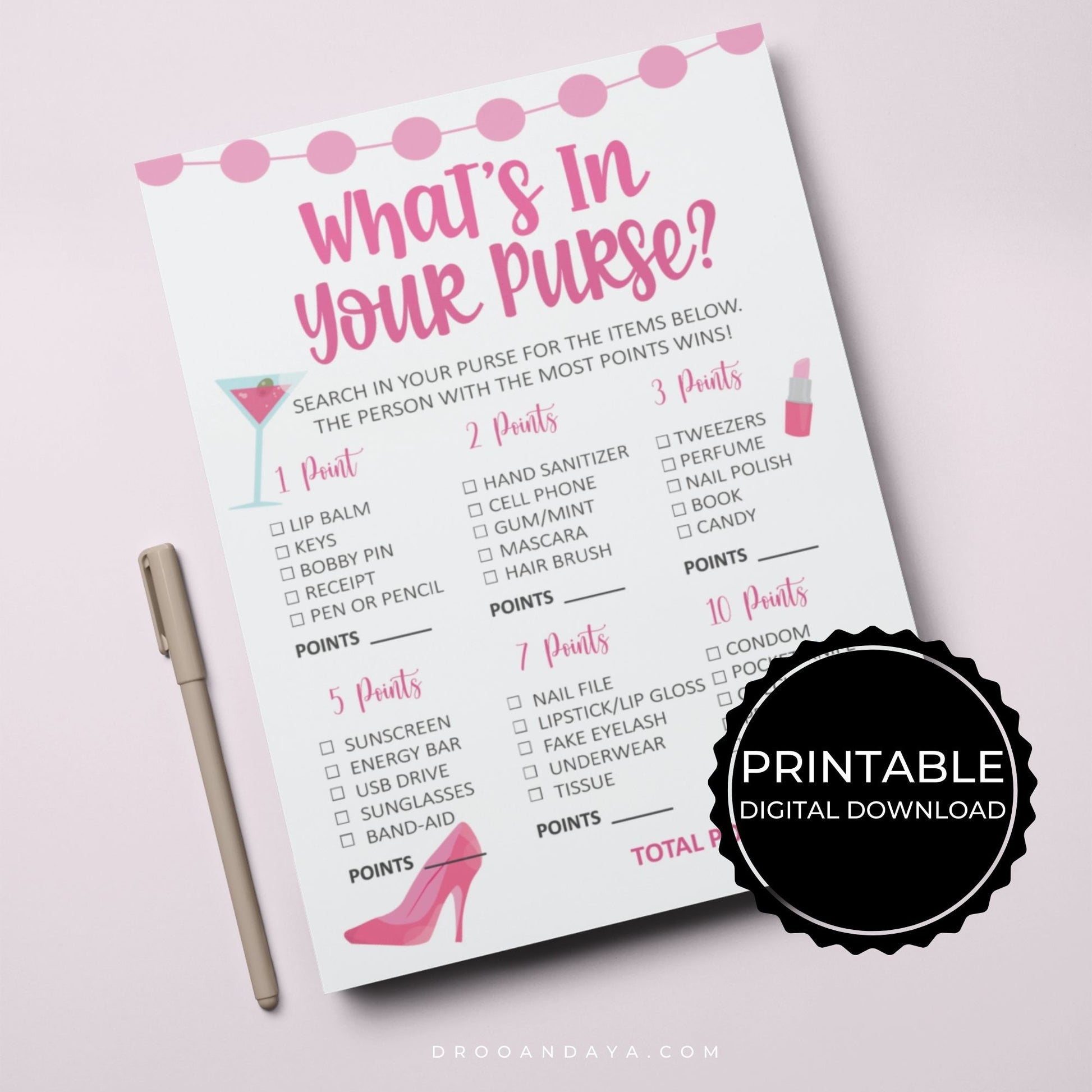 What's In Your Purse Bridal Shower Game Printable - Pink - Droo & Aya
