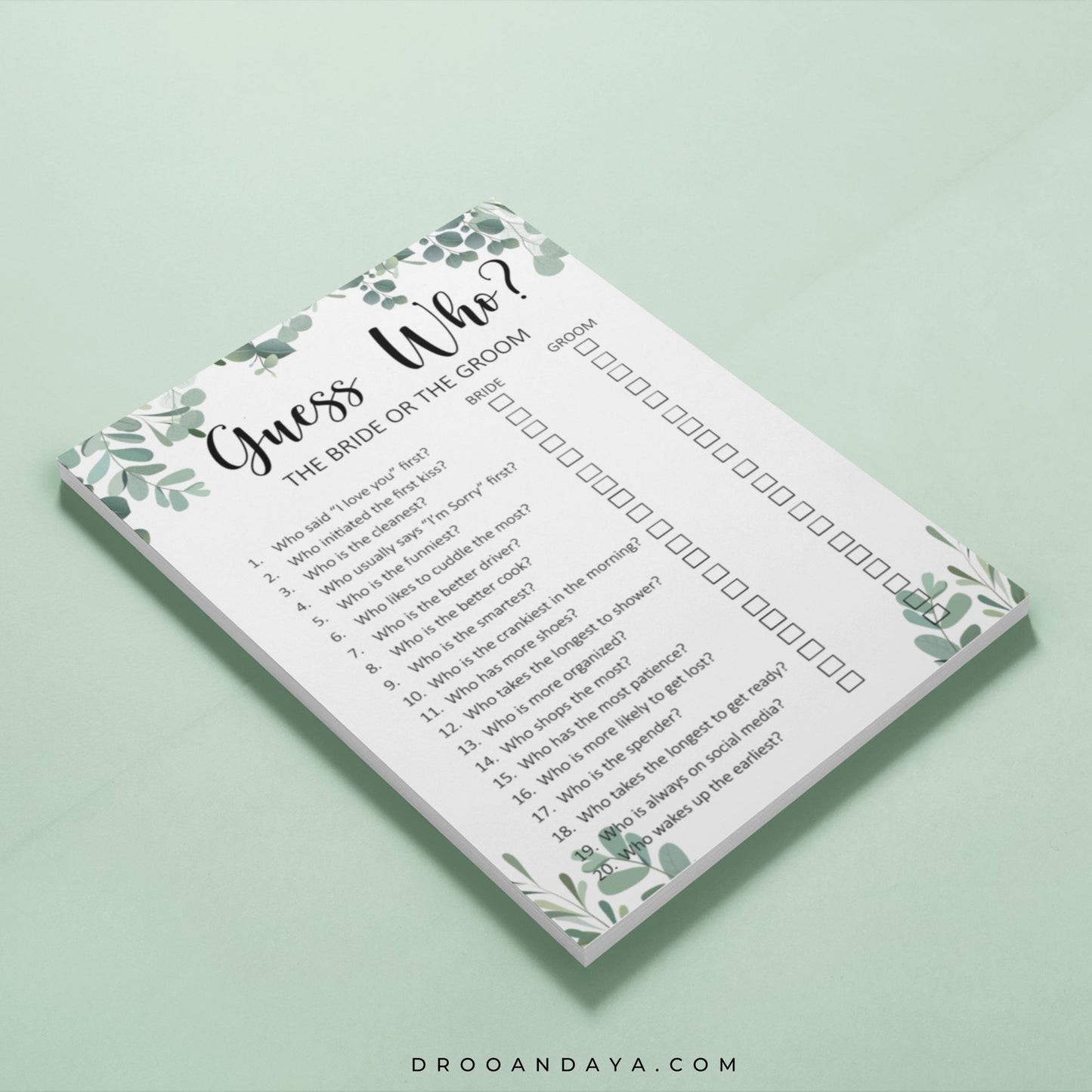 Eucalyptus Wedding Theme Bride or Groom Guess Who Printable Wedding Game - Droo & Aya