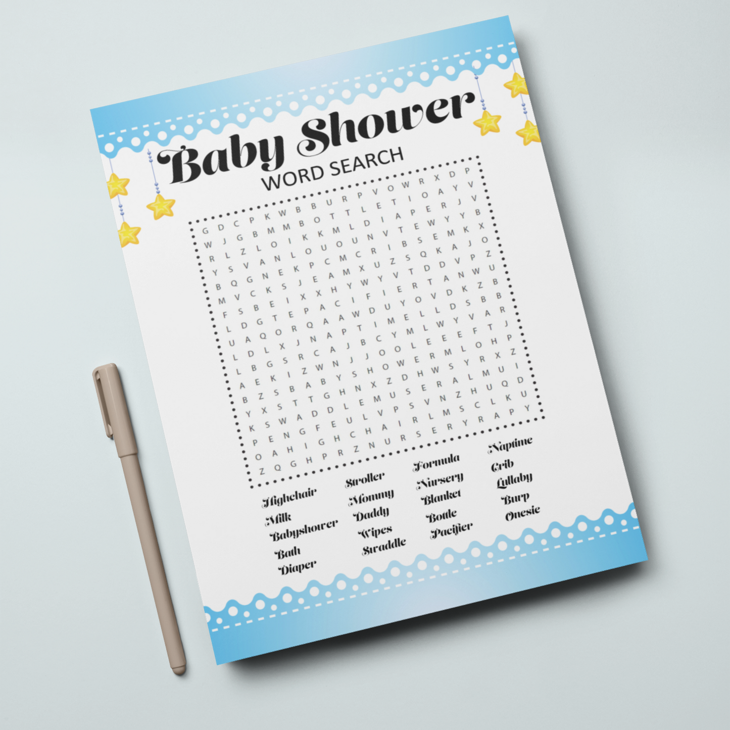 Word Search Game for Baby Shower Printable - Blue - Droo & Aya