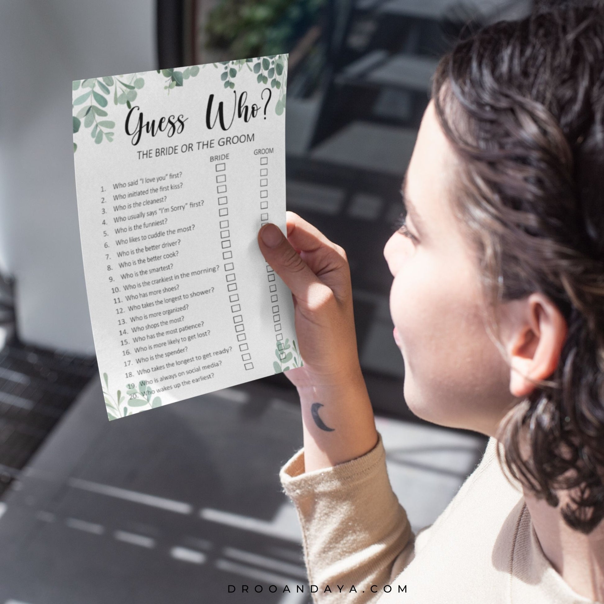 Eucalyptus Wedding Theme Bride or Groom Guess Who Printable Wedding Game - Droo & Aya