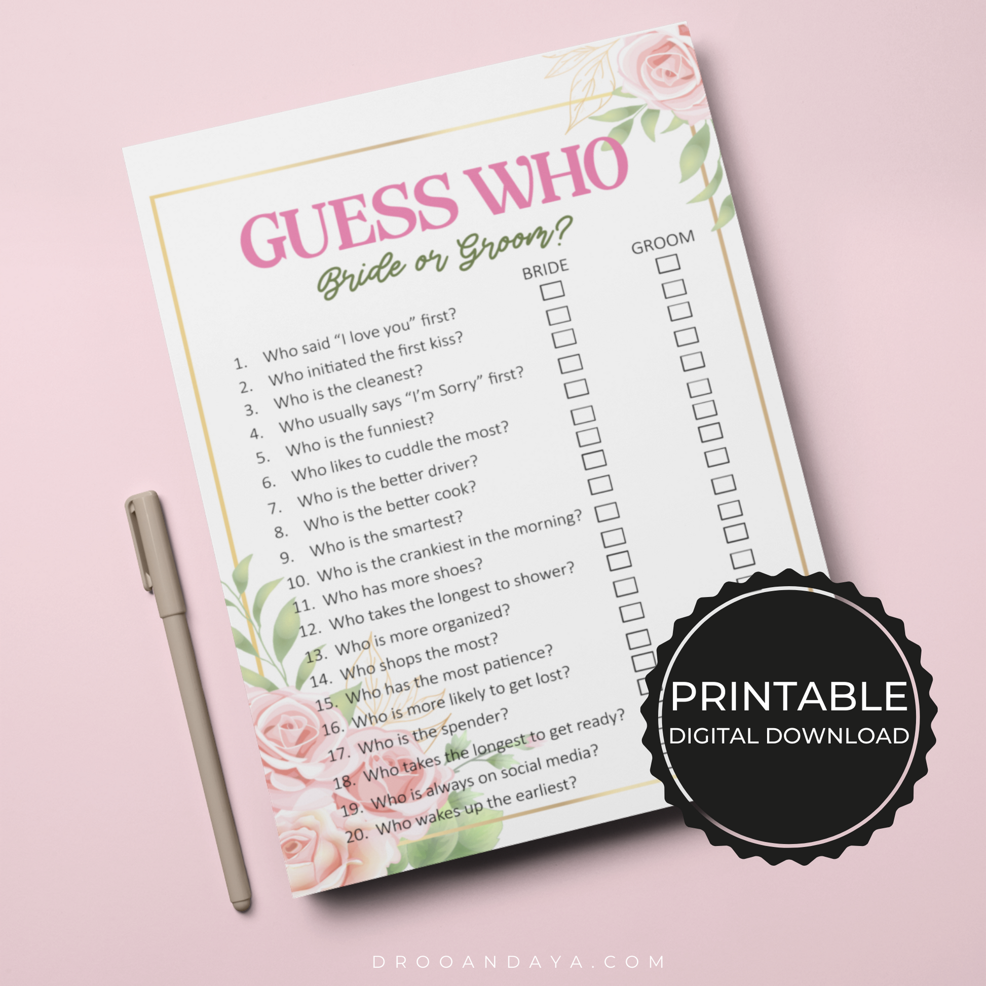 Floral Theme Guess Who Bride or Groom Wedding Printable Game - Droo & Aya