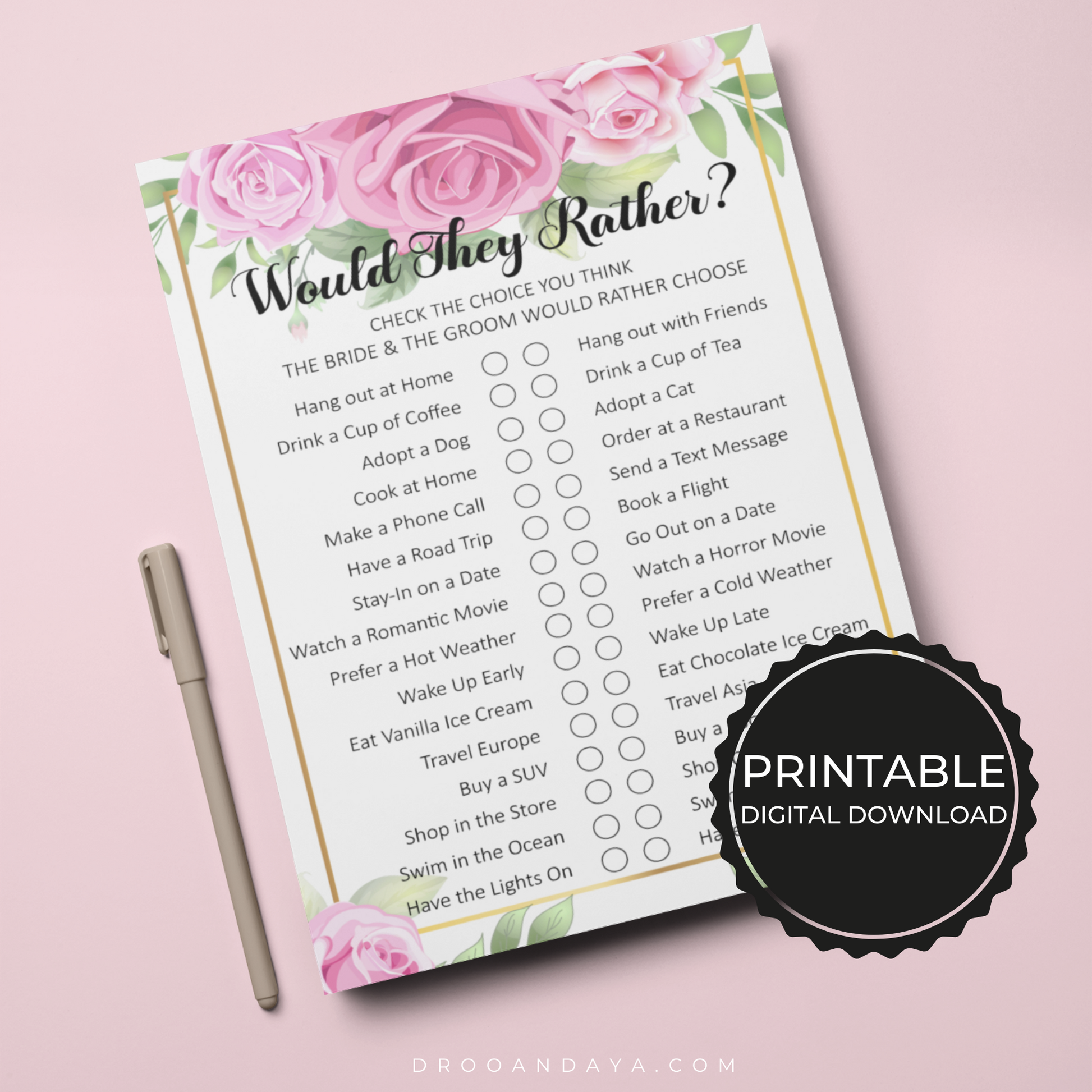 Would They Rather Wedding Game Printable - Floral - Droo & Aya