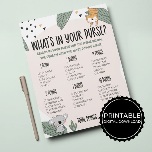 What's In Your Purse Baby Shower Game Printable - Animal Jungle Theme - Droo & Aya