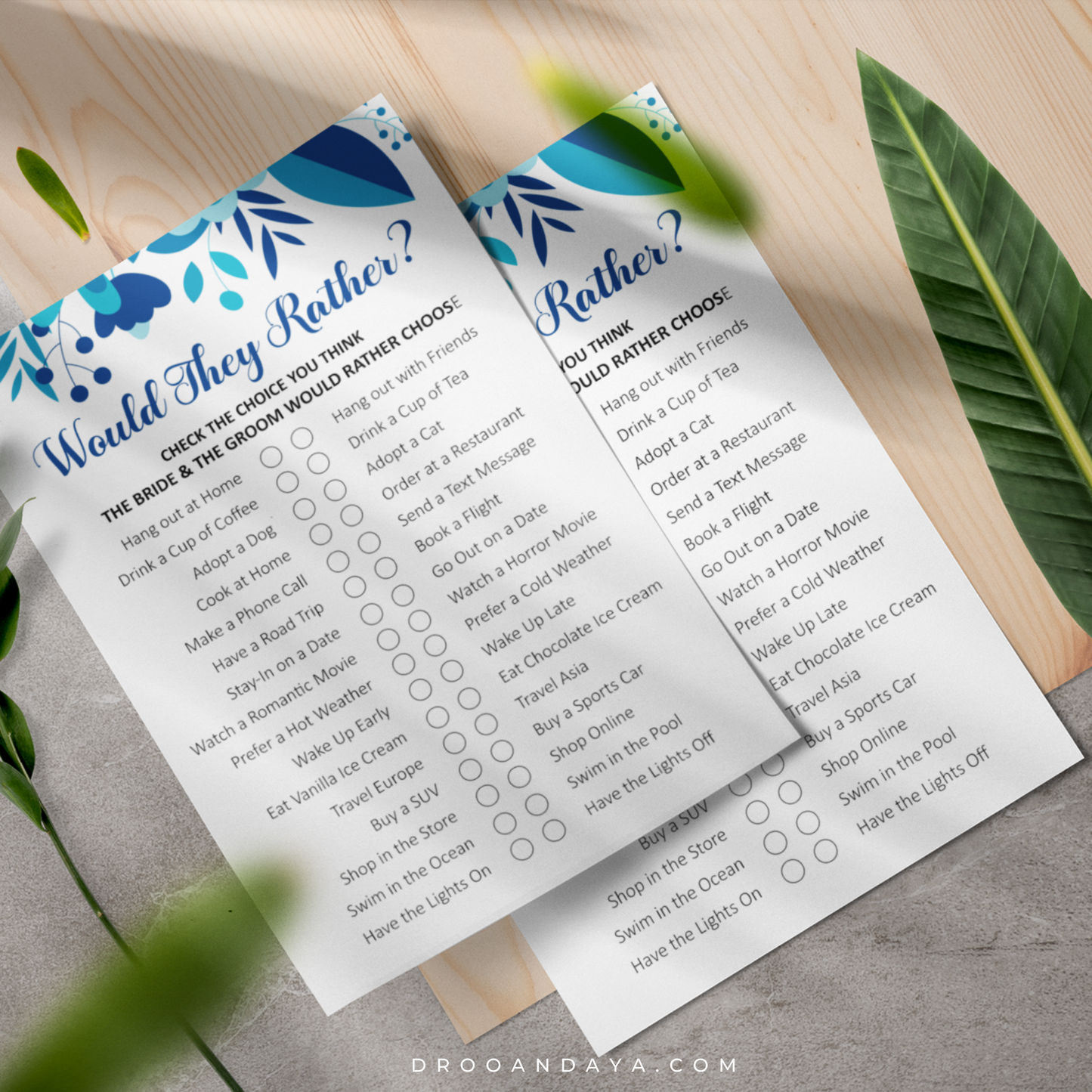 Would They Rather Wedding Game Printable - Blue Floral - Droo & Aya