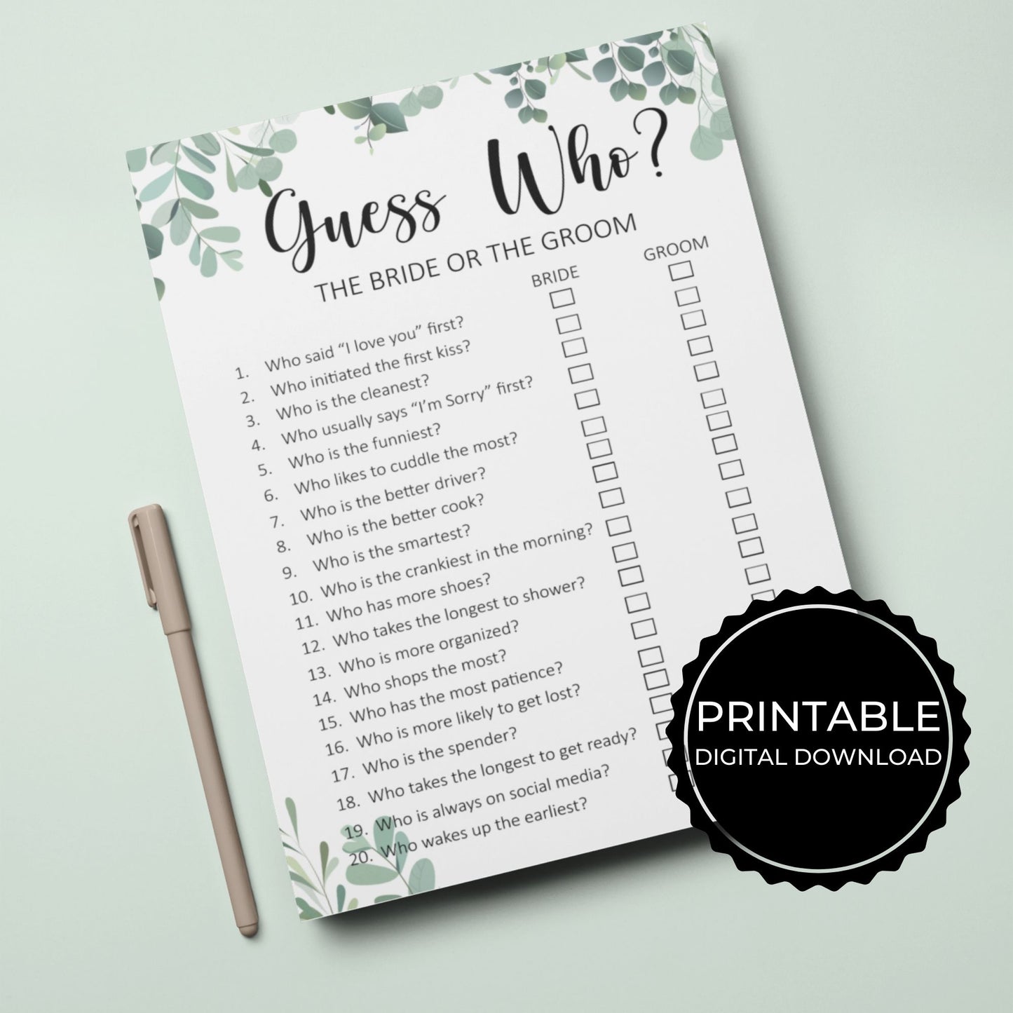 Eucalyptus Wedding Theme Bride or Groom Guess Who Printable Wedding Game - Droo & Aya