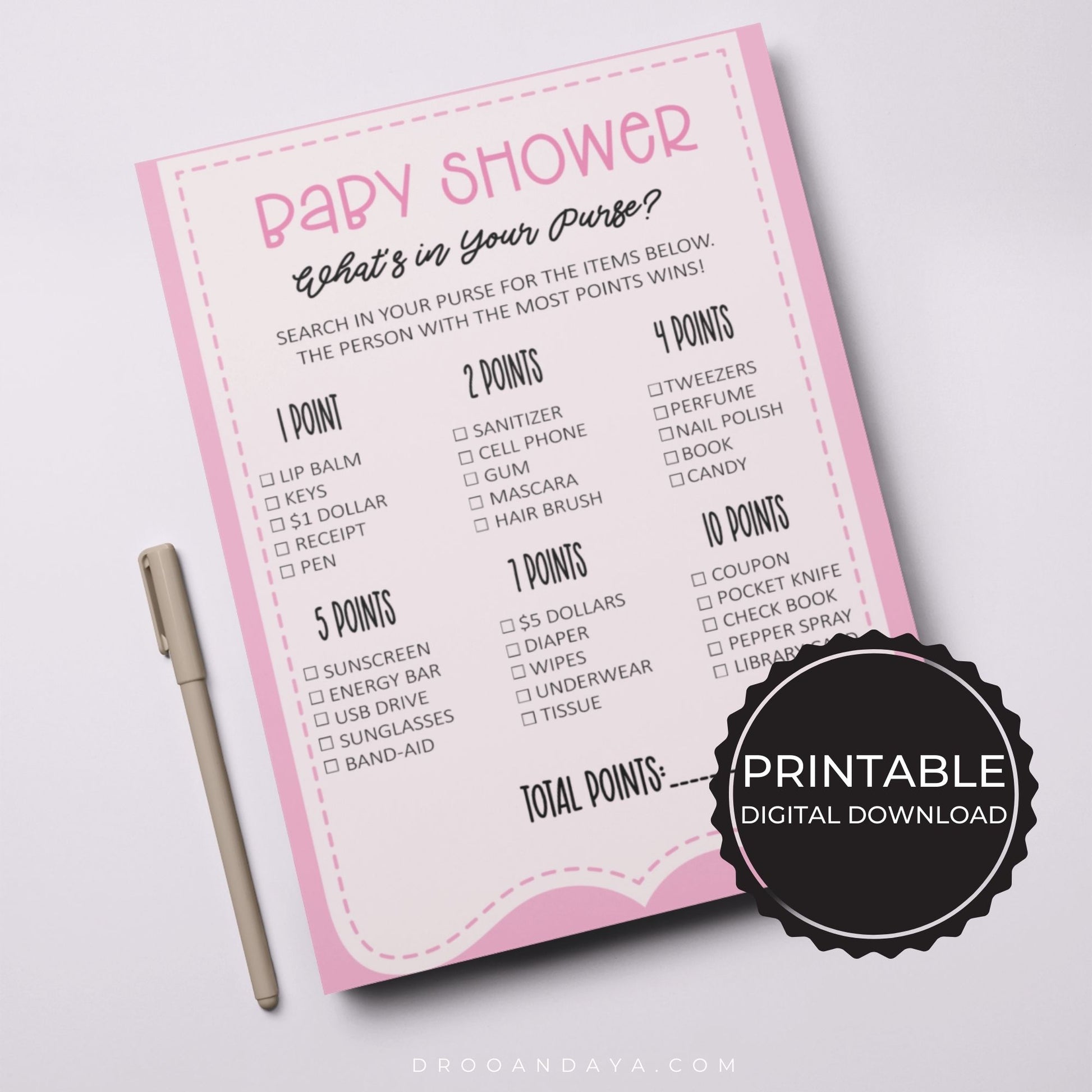 What's In Your Purse Baby Shower Game Printable - Pink - Droo & Aya