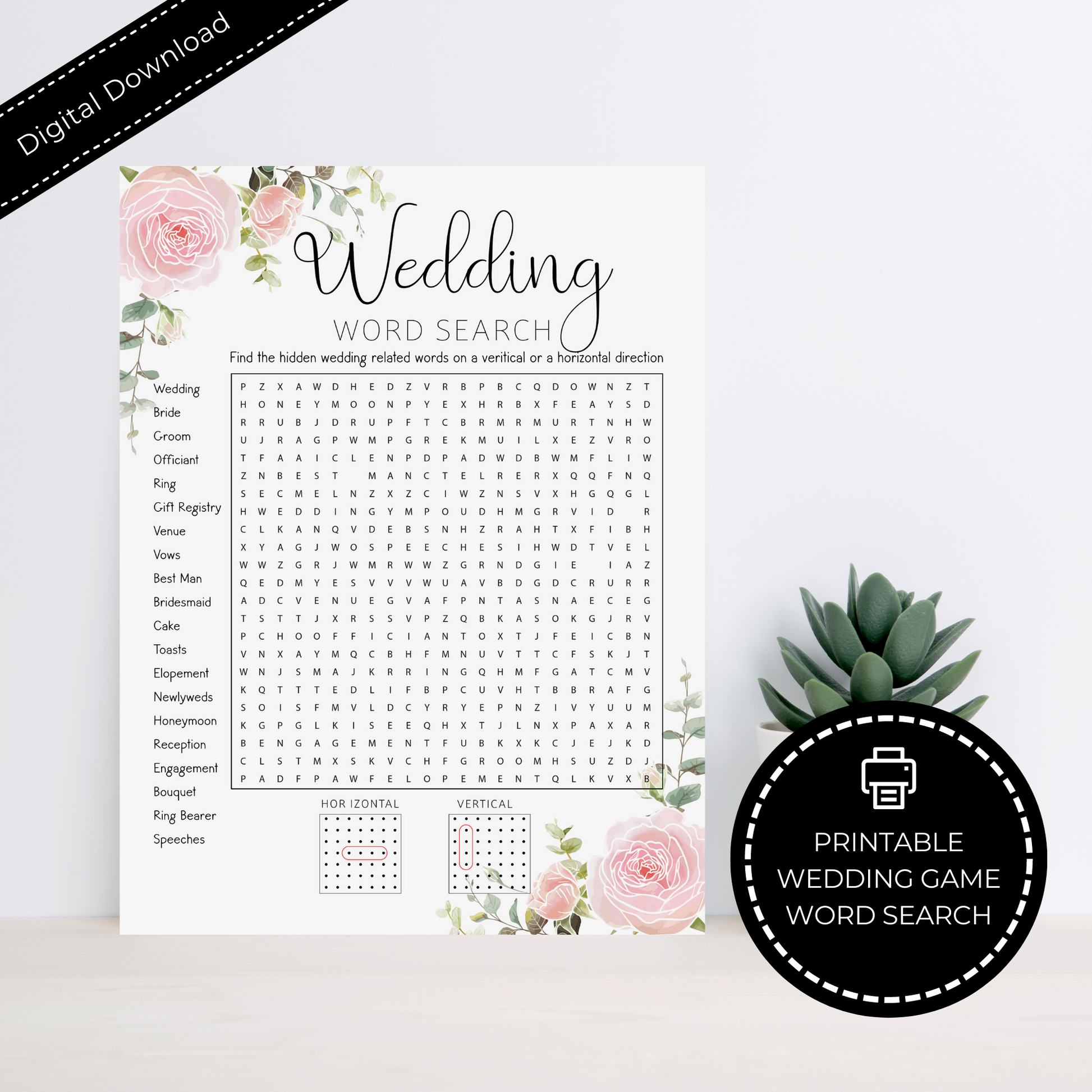 Wedding Word Search Horizontal and Vertical Only - Floral