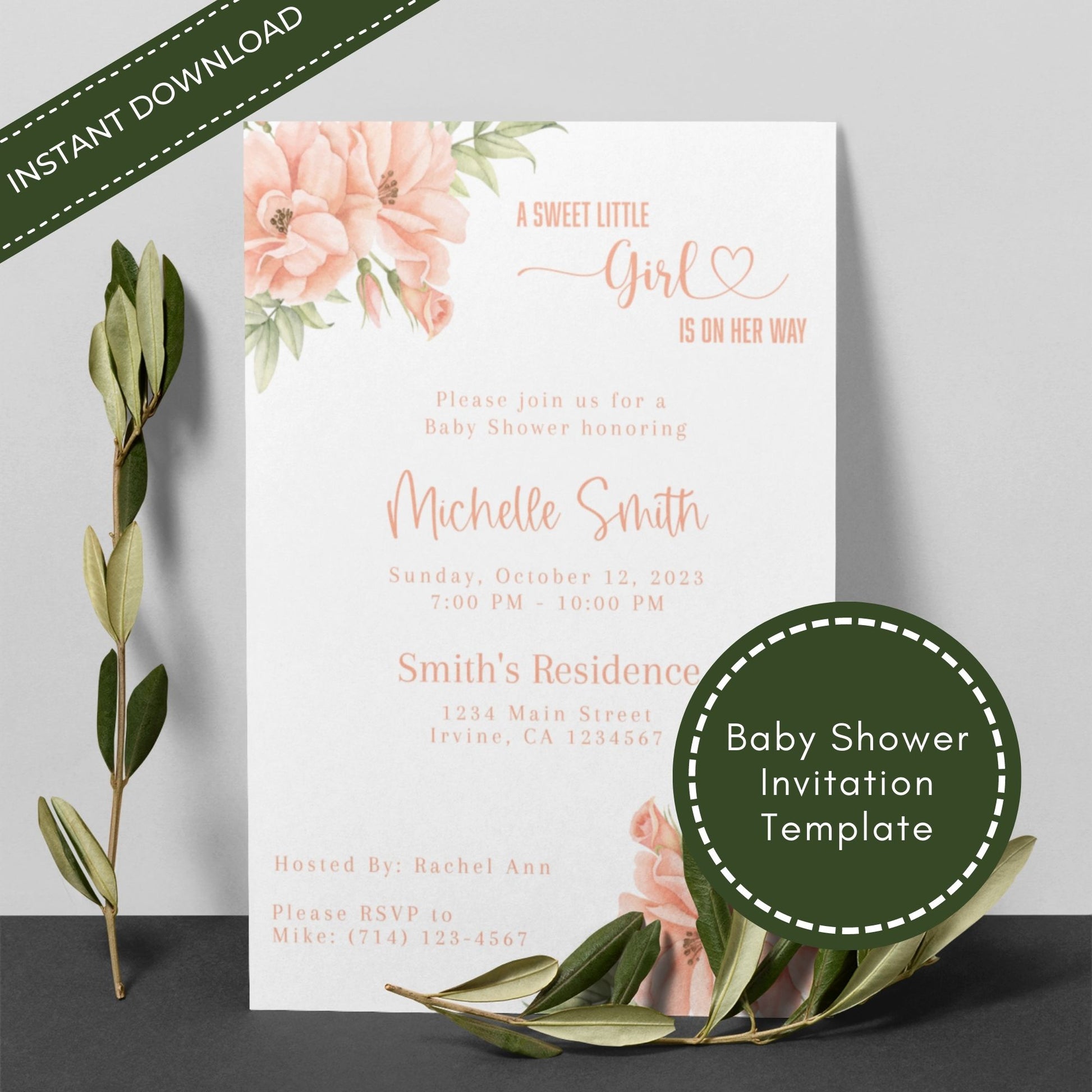 Peach Floral Baby Shower Invitation Template