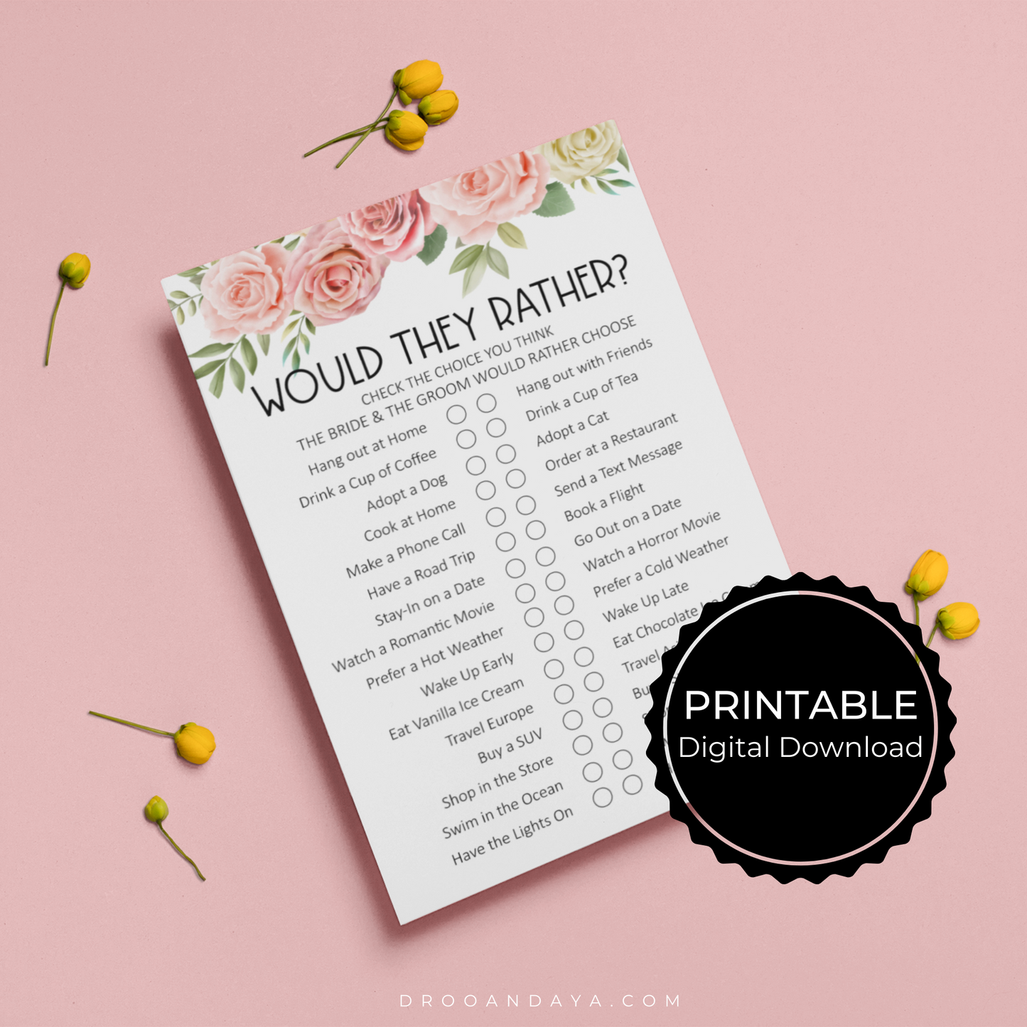 Wedding Games Printable - Would They Rather