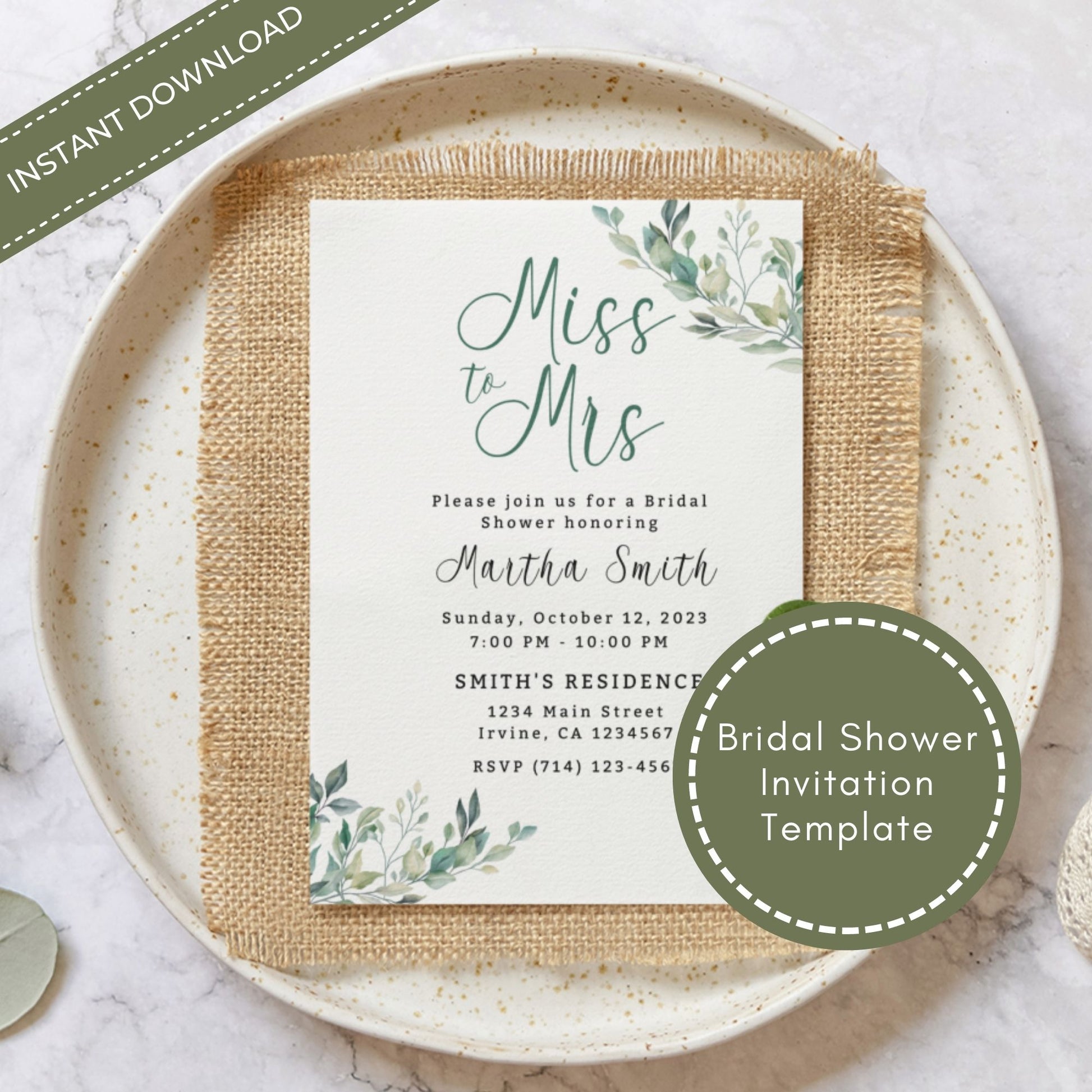 Miss to Mrs Invitation Template - Greenery