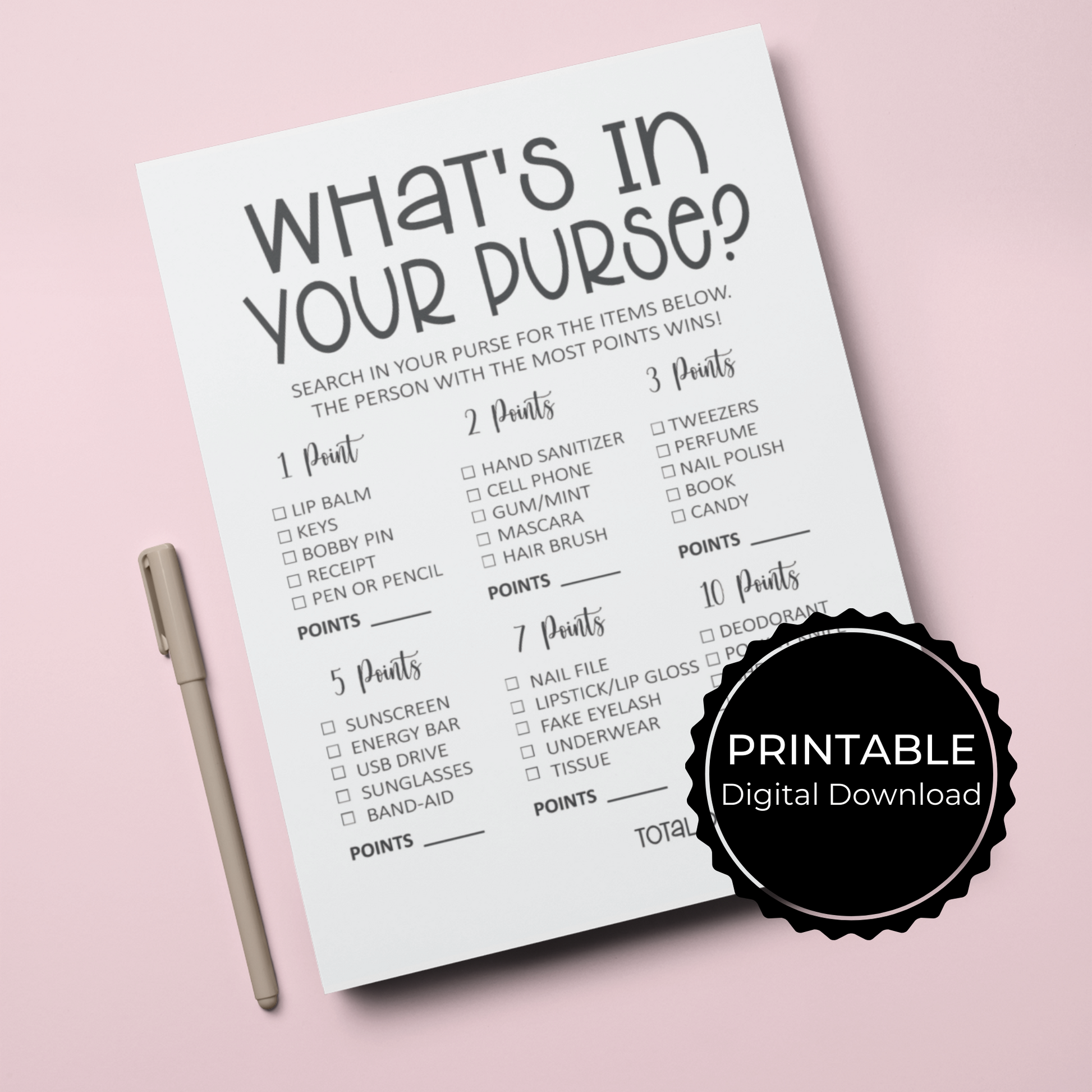 What's In Your Purse Bridal Shower Game Printable - Minimalist - Droo & Aya
