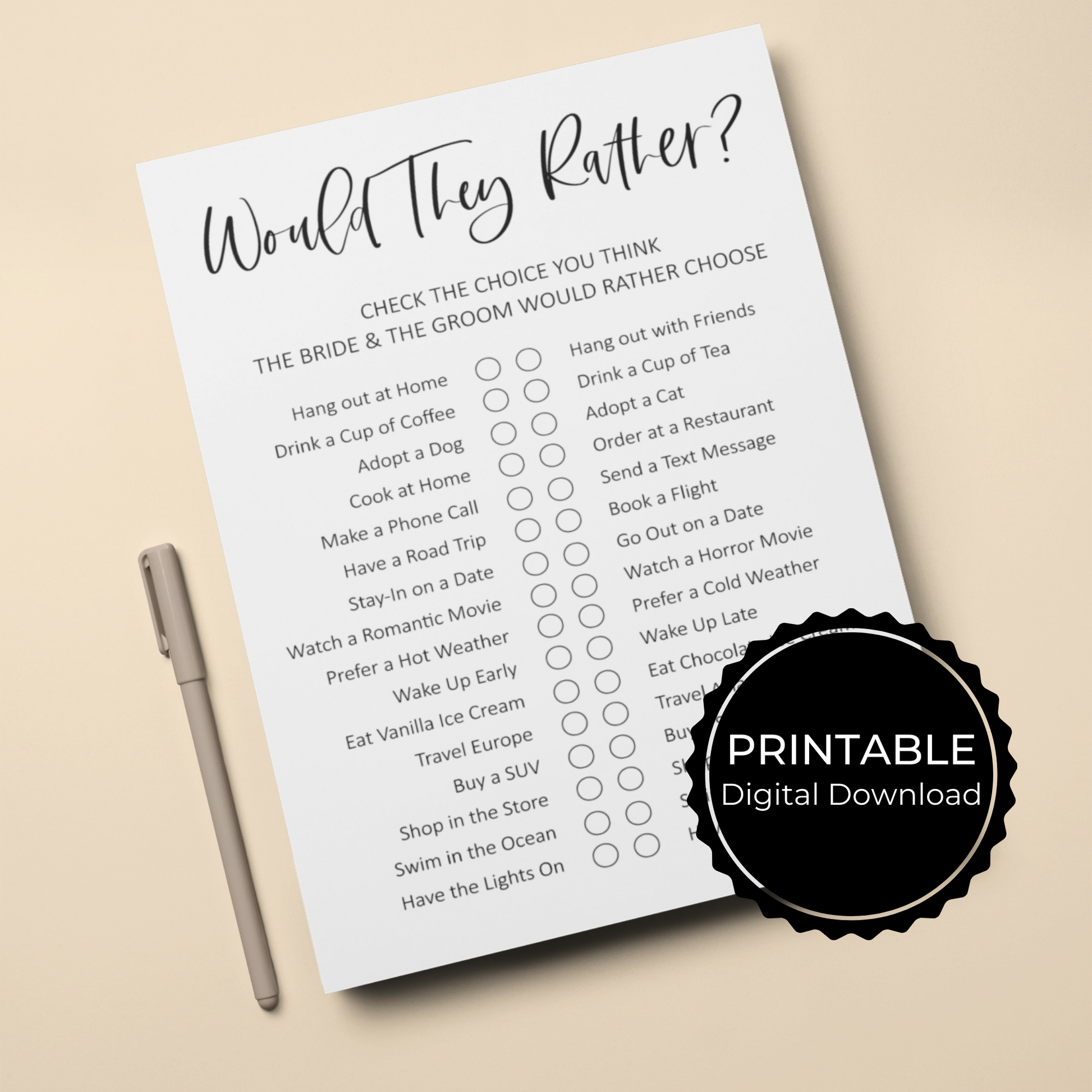 Printable Wedding Would They Rather Party Game - Droo & Aya