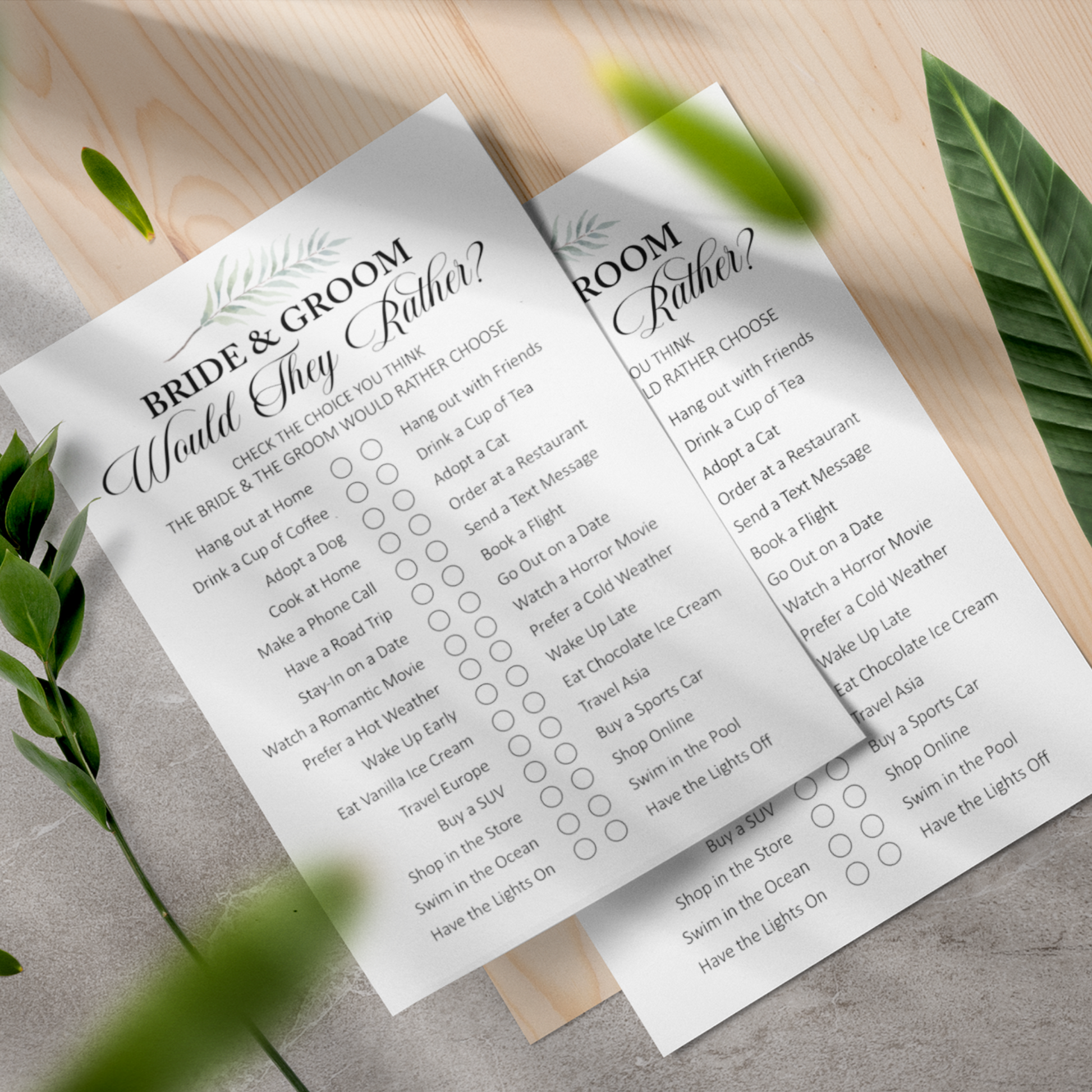 Would They Rather Printable Fun Wedding Game - Greenery