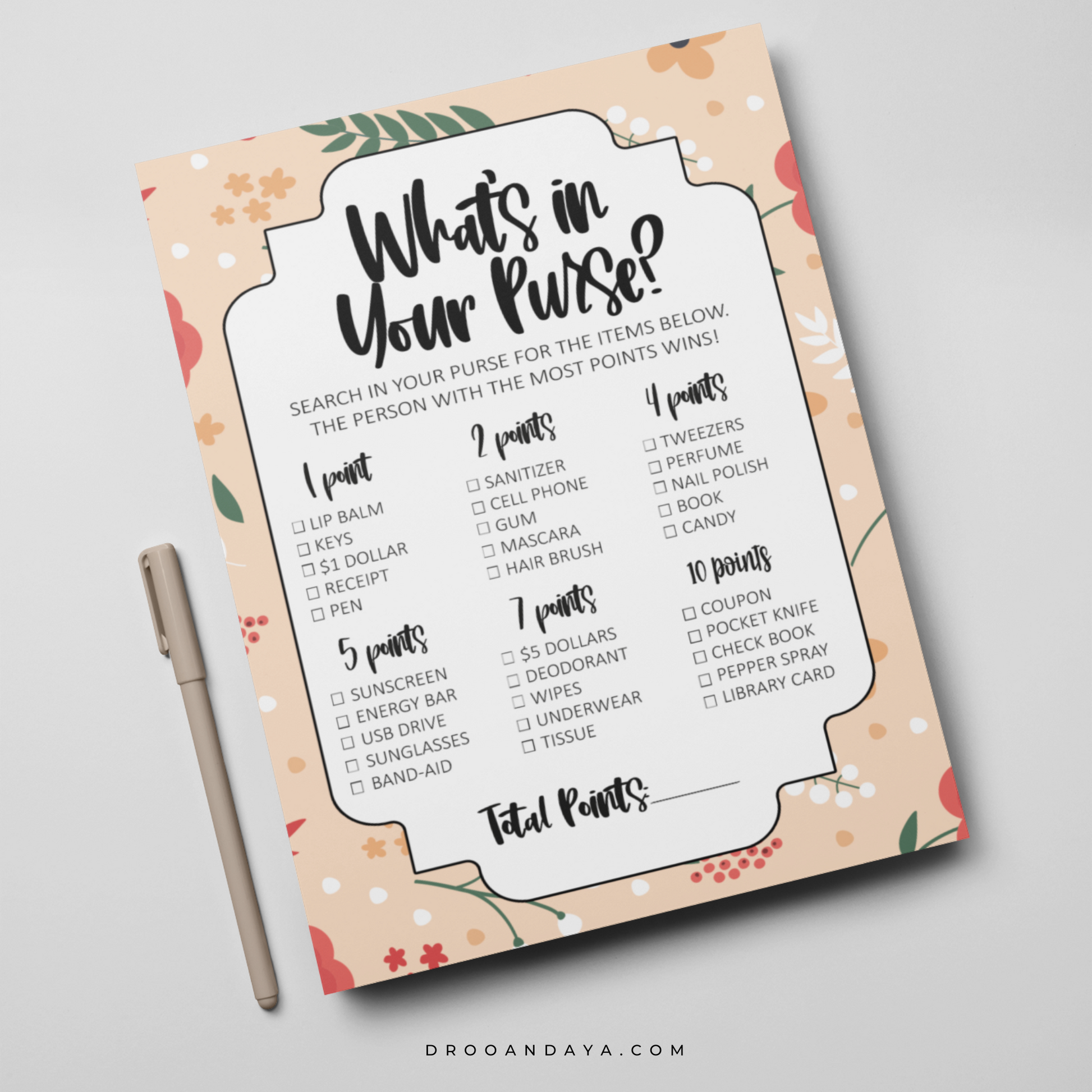 What's In Your Purse Bridal Shower Game Printable - Floral – Droo & Aya