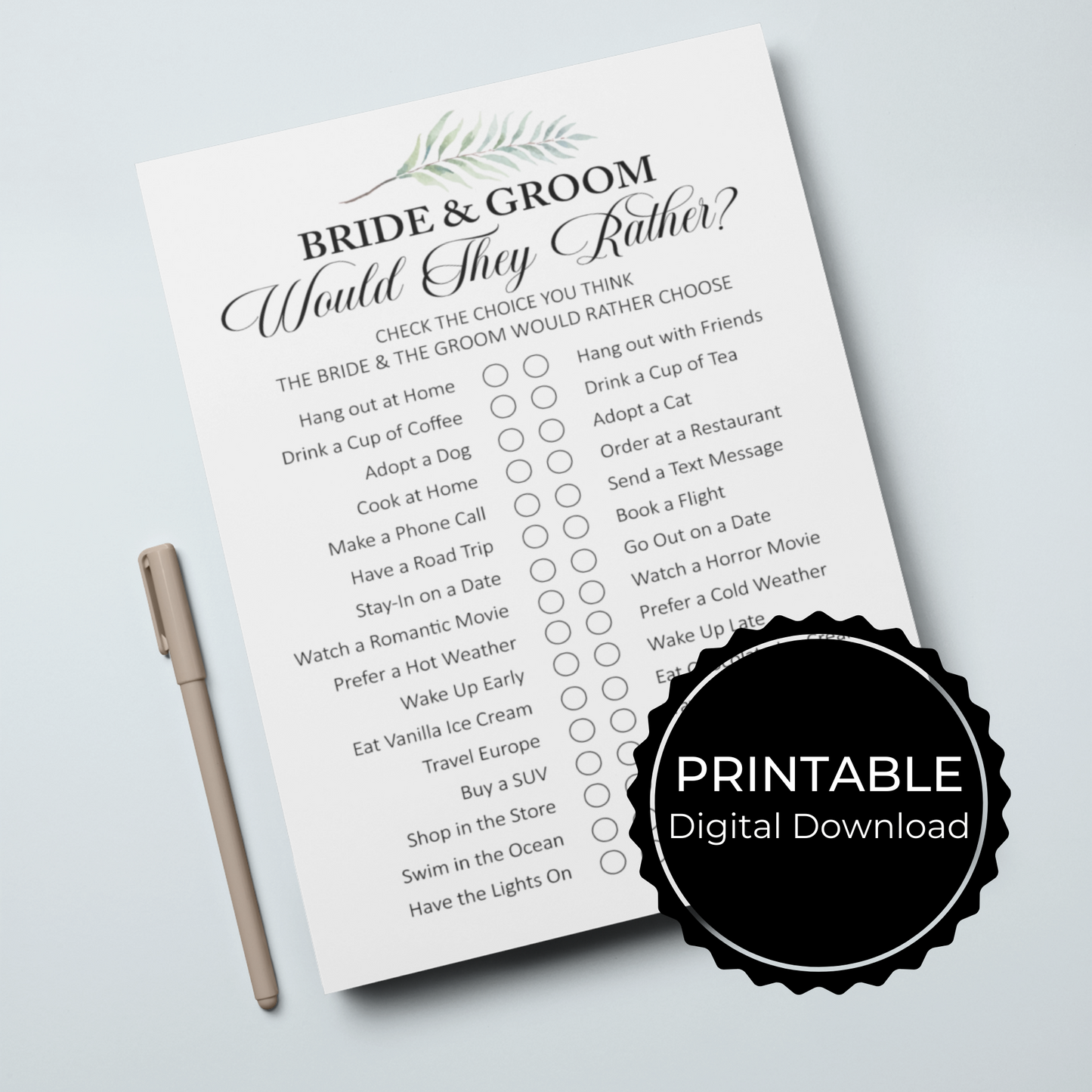 Would They Rather Printable Fun Wedding Game - Greenery