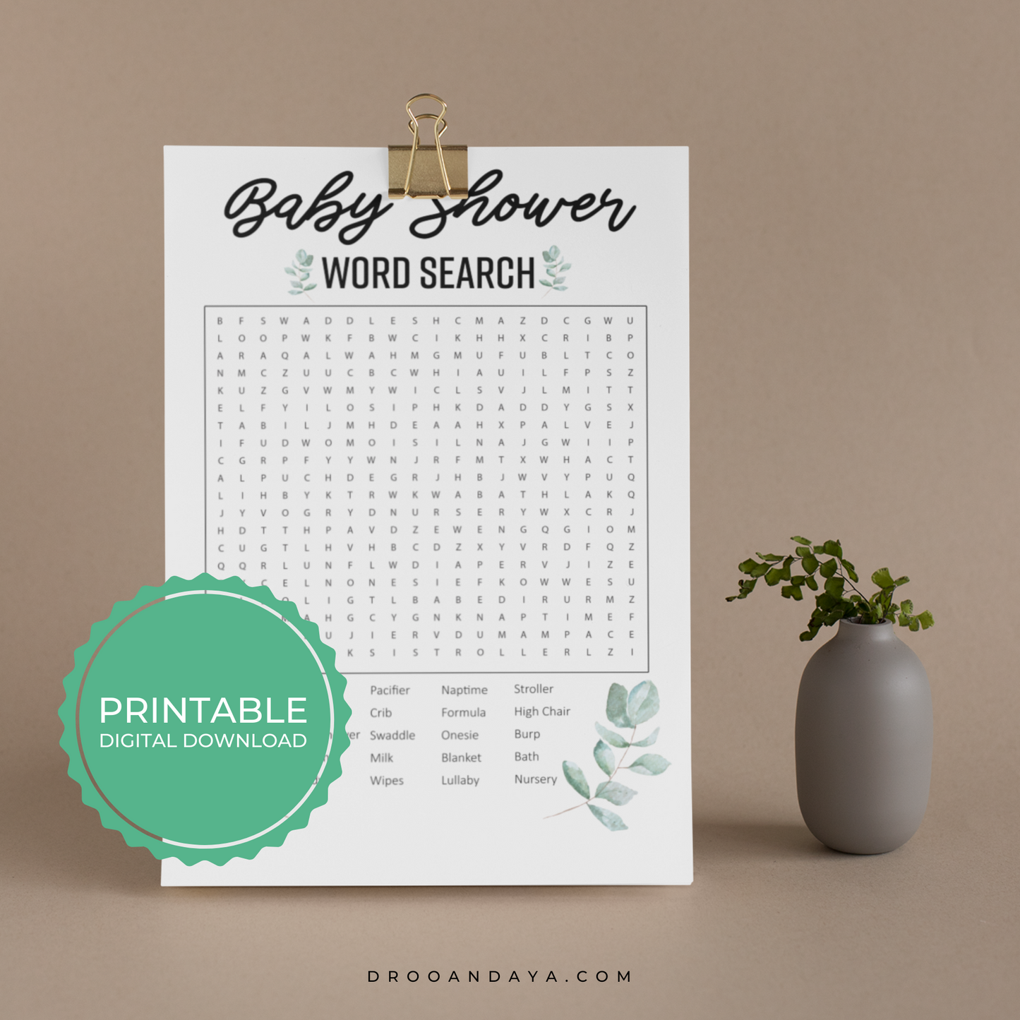 Baby Word Search Printable Game - Greenery