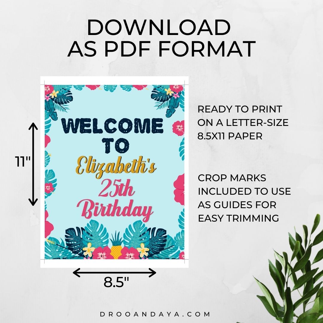 Polynesian Floral Theme Editable Birthday 8x10 Sign - Droo & Aya