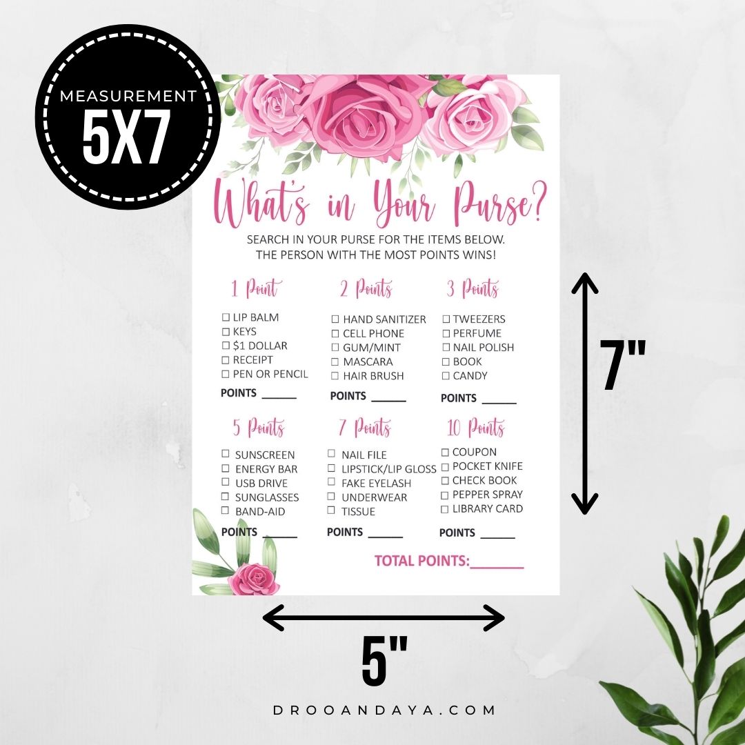 What's In Your Purse Bridal Shower Game Printable - Pink Floral Theme - Droo & Aya