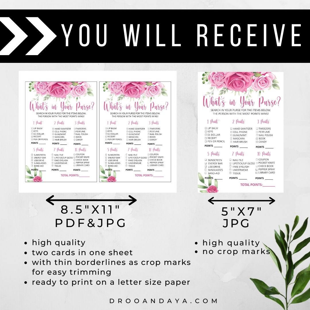 What's In Your Purse Bridal Shower Game Printable - Pink Floral Theme - Droo & Aya