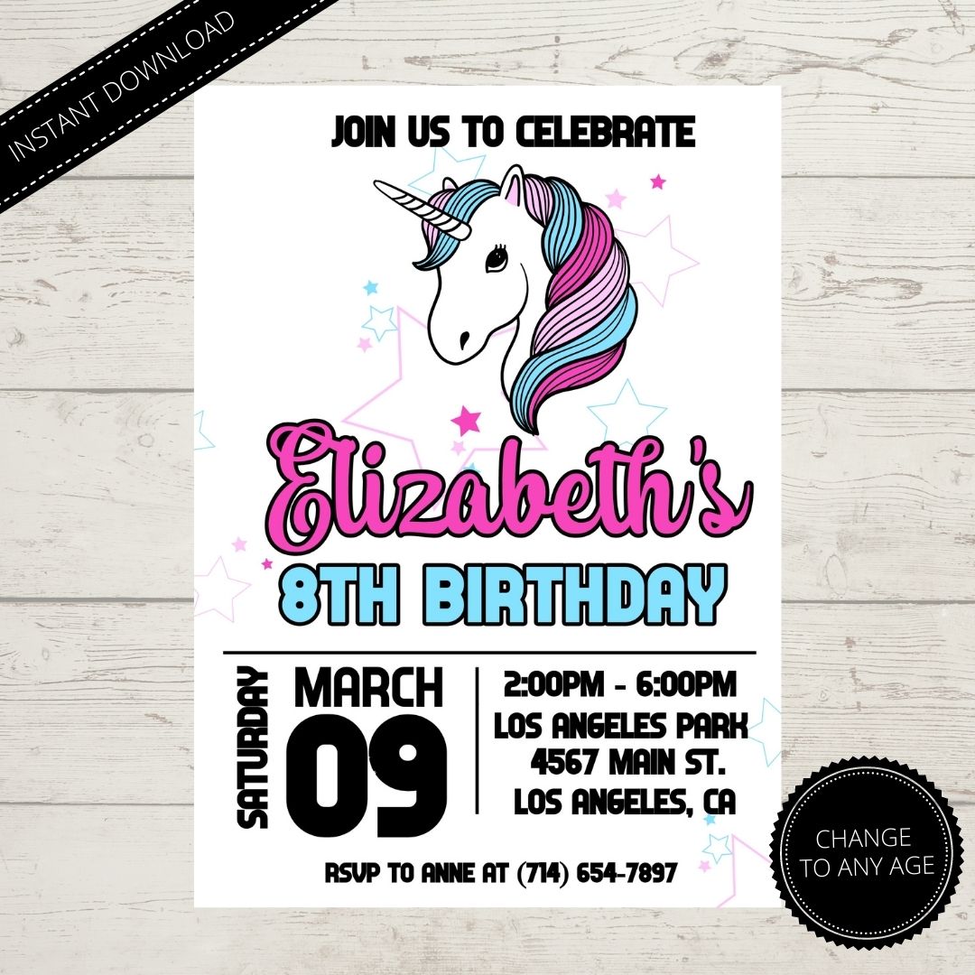 Unicorn Birthday Invitation Template, Change to Age