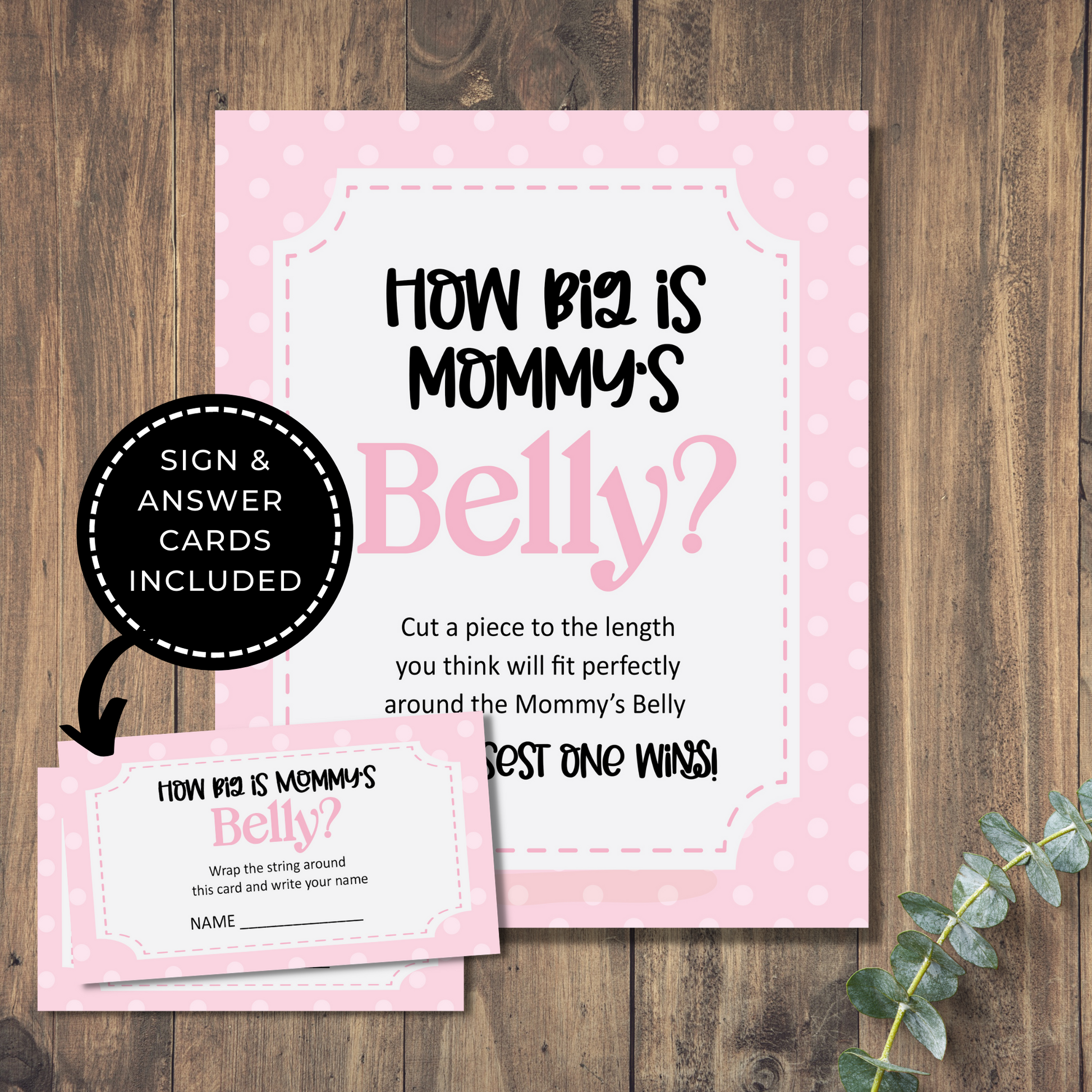 Pink How Big is Mommys Belly Game Sign and Cards for Baby Shower